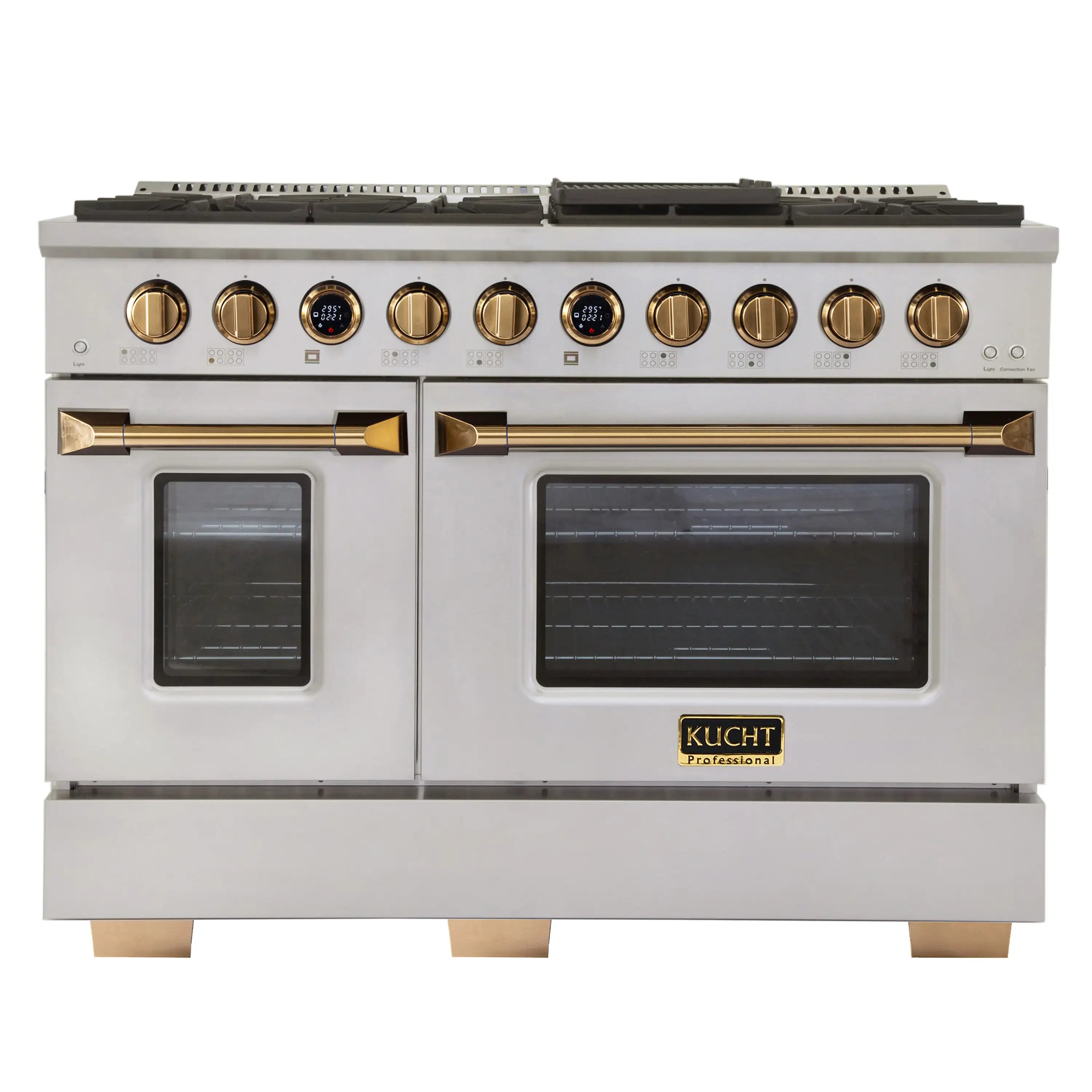 Stainless steel dual fuel range with gold control knobs and dual ovens, 48-inch