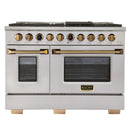 Kucht Horus 48-Inch Dual Fuel Range with 6.7 cu. ft. Electric Oven and 8 Gas Burners in Stainless Steel with Gold Accents and Digital Thermostat (KXP48-GL)