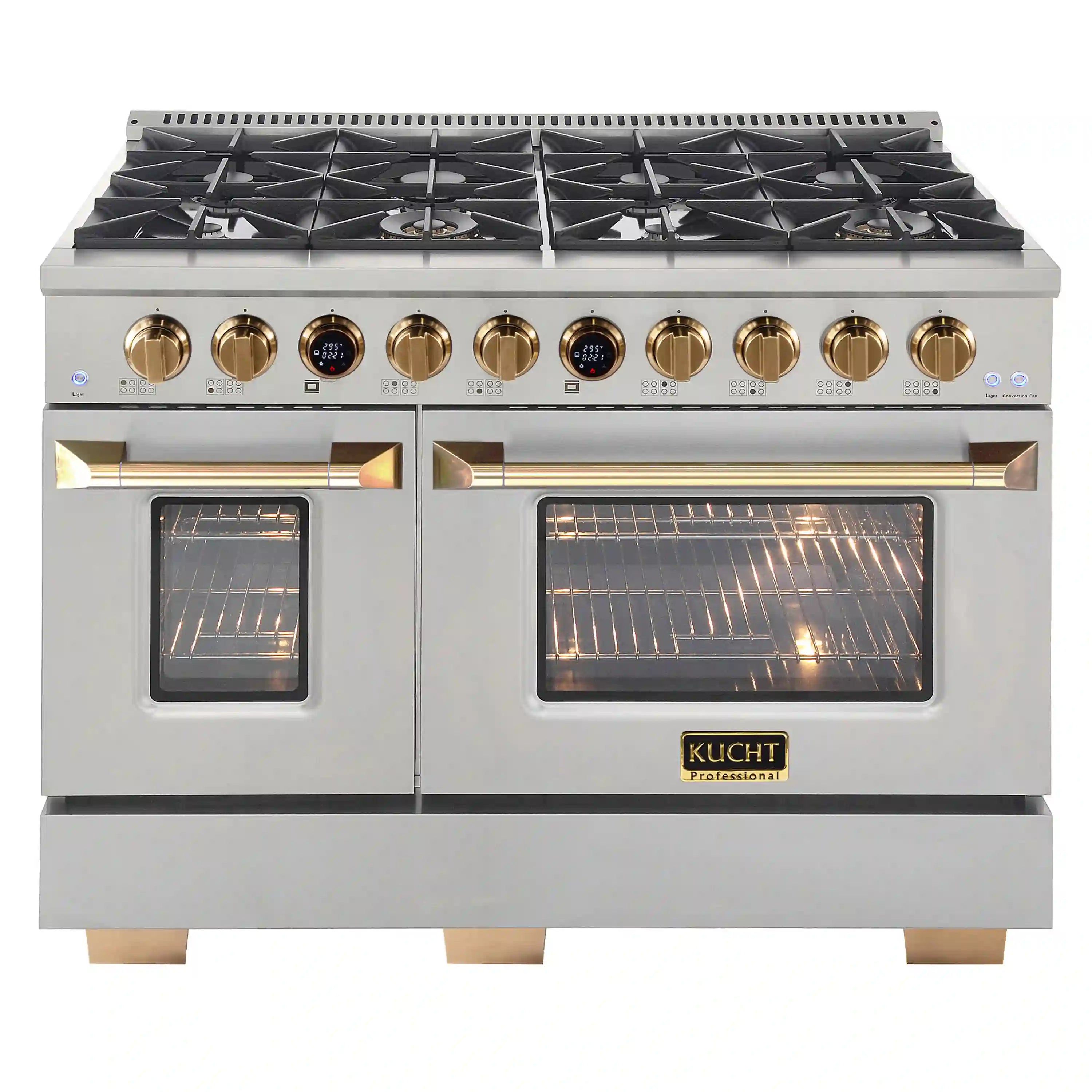 Stainless steel dual fuel range with gold burner knobs and two closed oven doors
