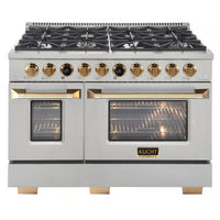 Kucht Horus 48-Inch Dual Fuel Range in Propane Gas with  6.7 cu. ft. Electric Oven & 8 Gas Burners in Stainless Steel with Gold Accents & Digital Thermostat (KXP48-GL/LP)