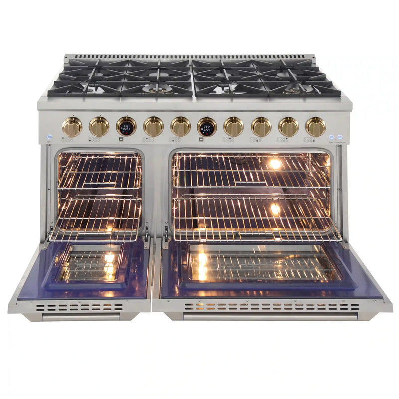 Kucht Horus 48-Inch Dual Fuel Range with 6.7 cu. ft. Electric Oven and 8 Gas Burners in Stainless Steel with Gold Accents and Digital Thermostat (KXP48-GL)