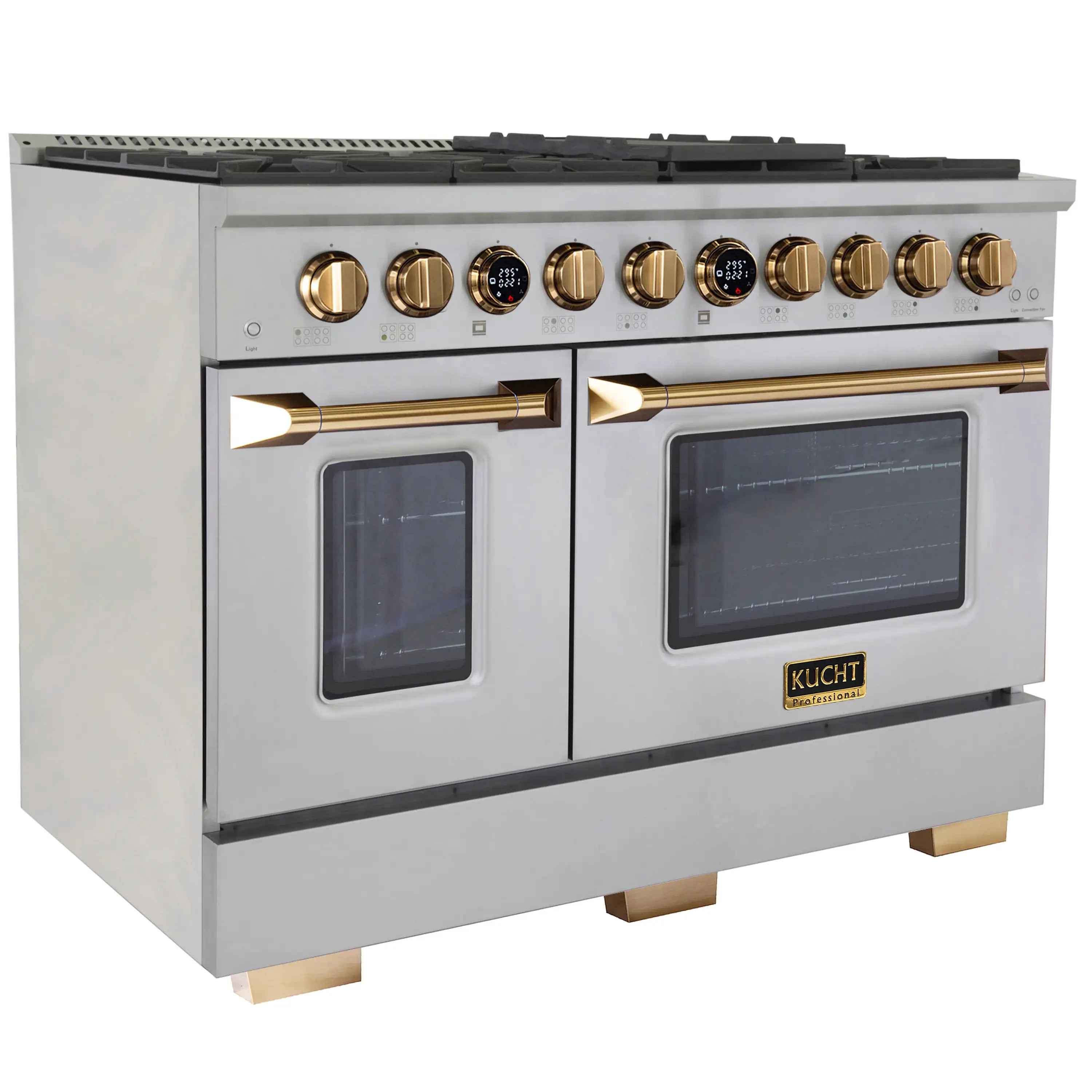Stainless steel dual fuel range with gold knobs, window oven doors, and burner grates
