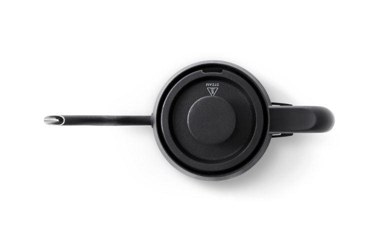 Electric gooseneck kettle base view with circular control cap and spout arm.