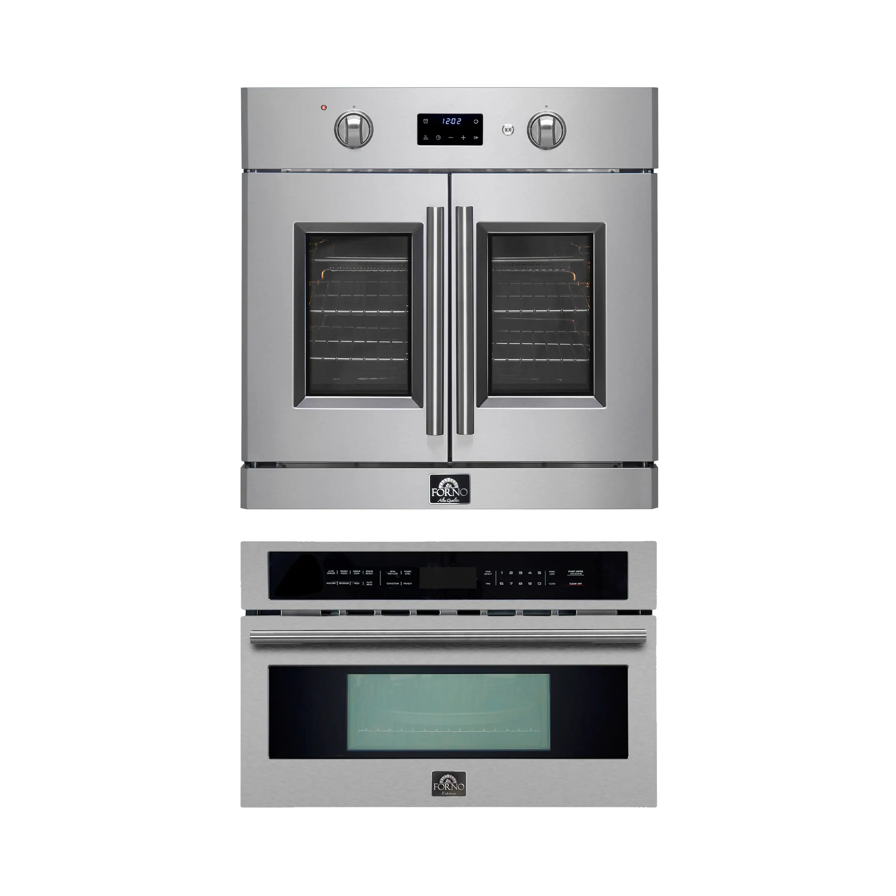 Stainless steel wall oven and microwave stacked set with front controls and black displays