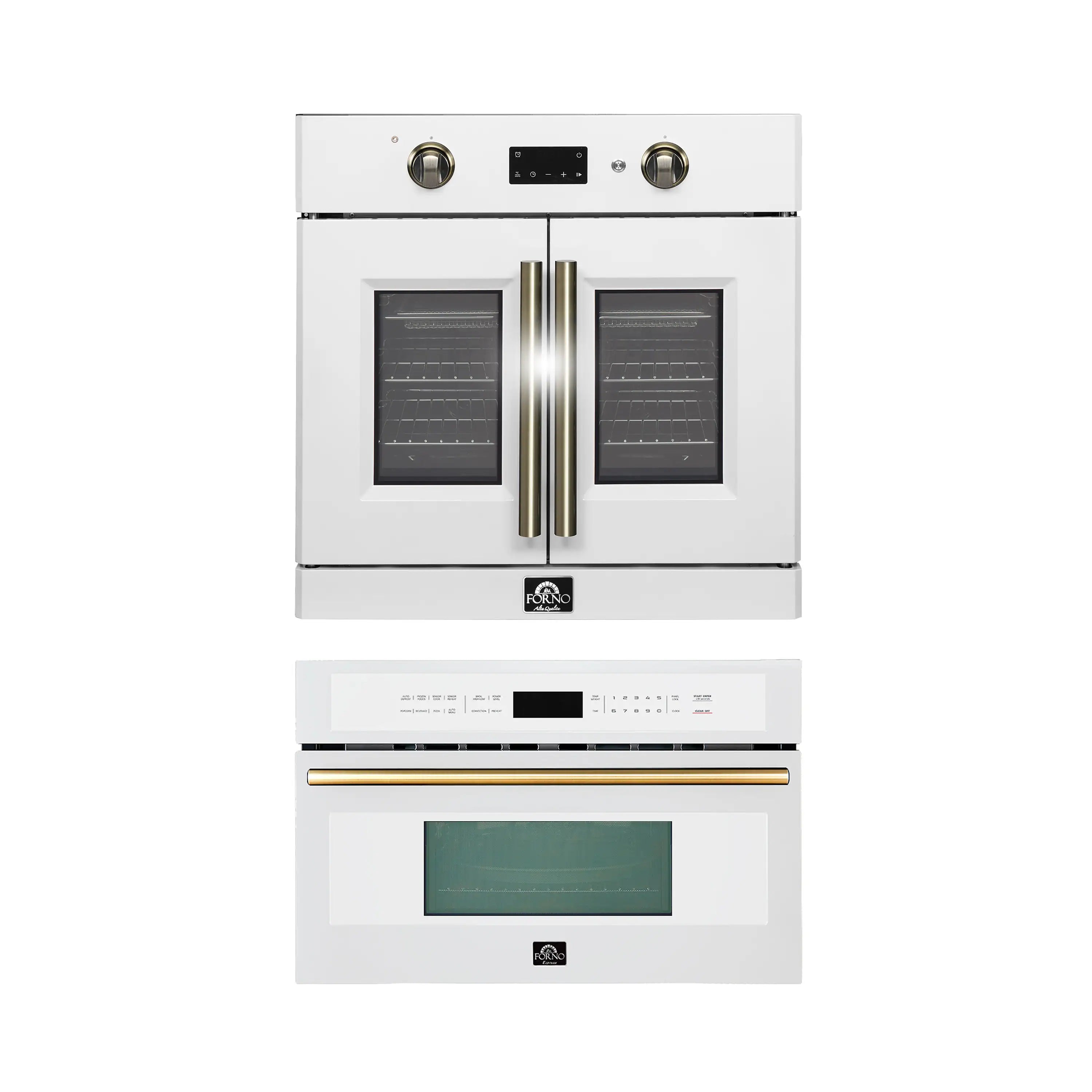 White oven and microwave combo stack, brass handles, oven window and microwave control panel