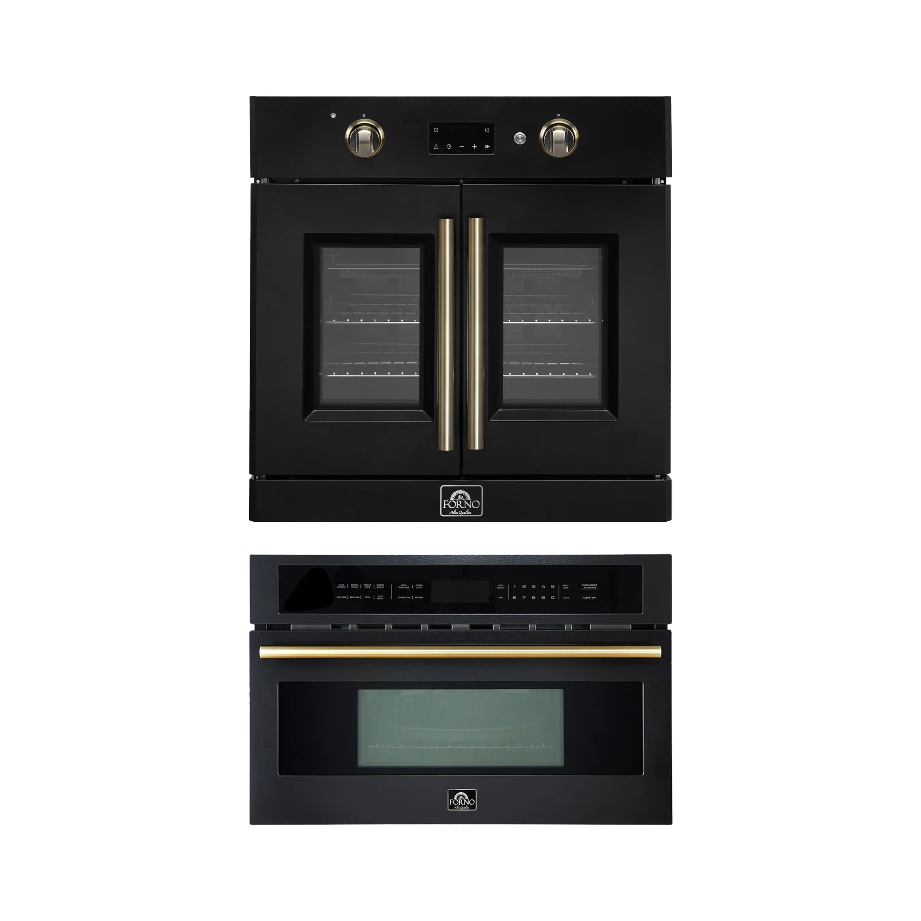 Black single wall oven double unit view with antique brass handles, microwave below.