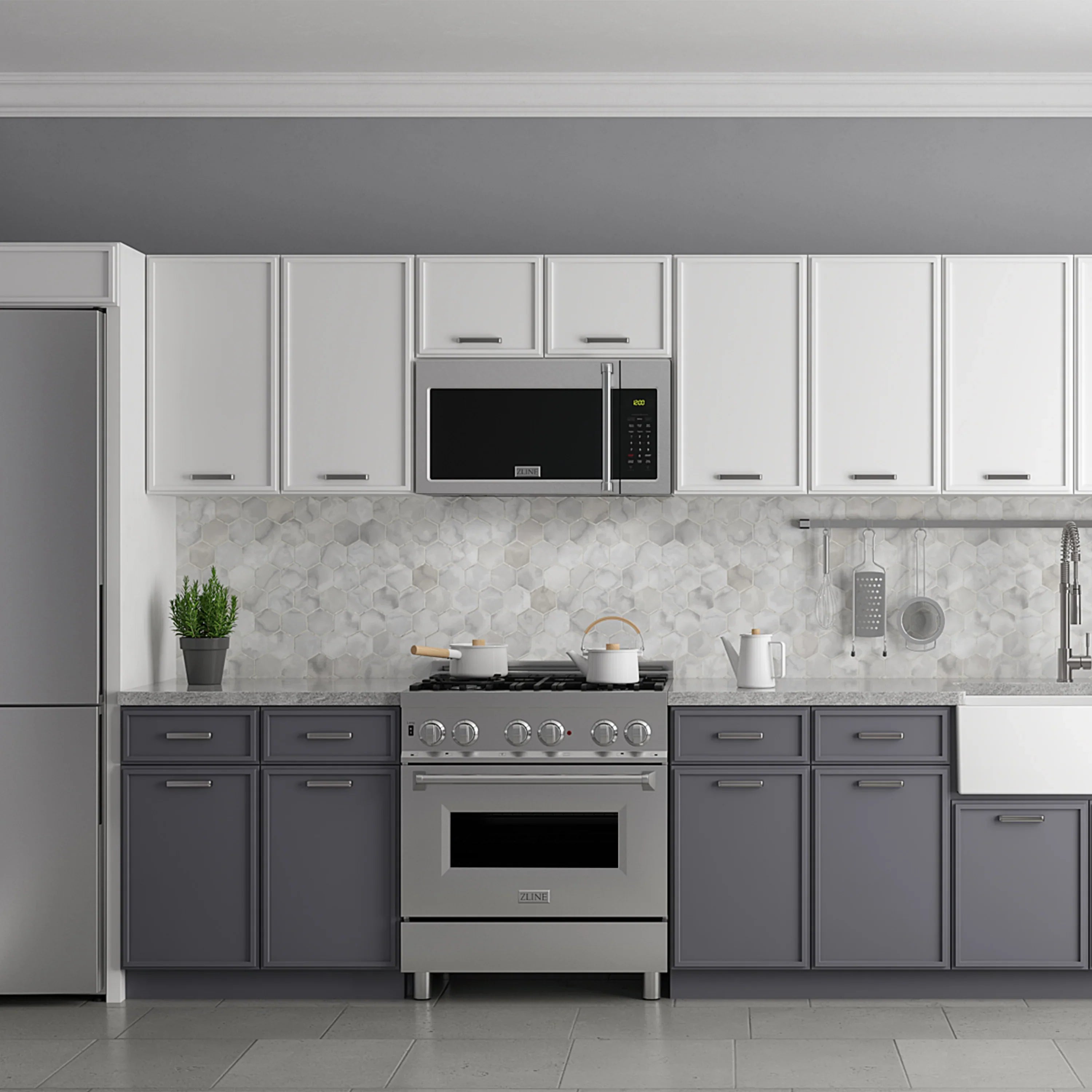 Satin stainless gas range and over-the-range microwave in a modern kitchen