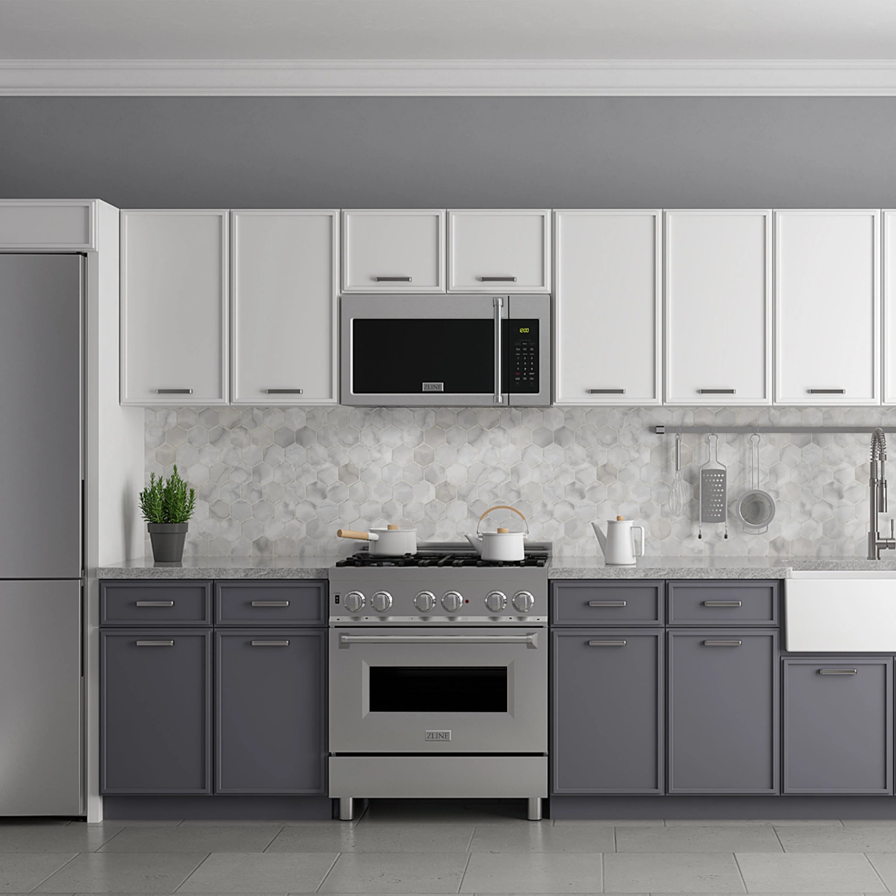 Stainless over-the-range microwave with dark door and front control keypad