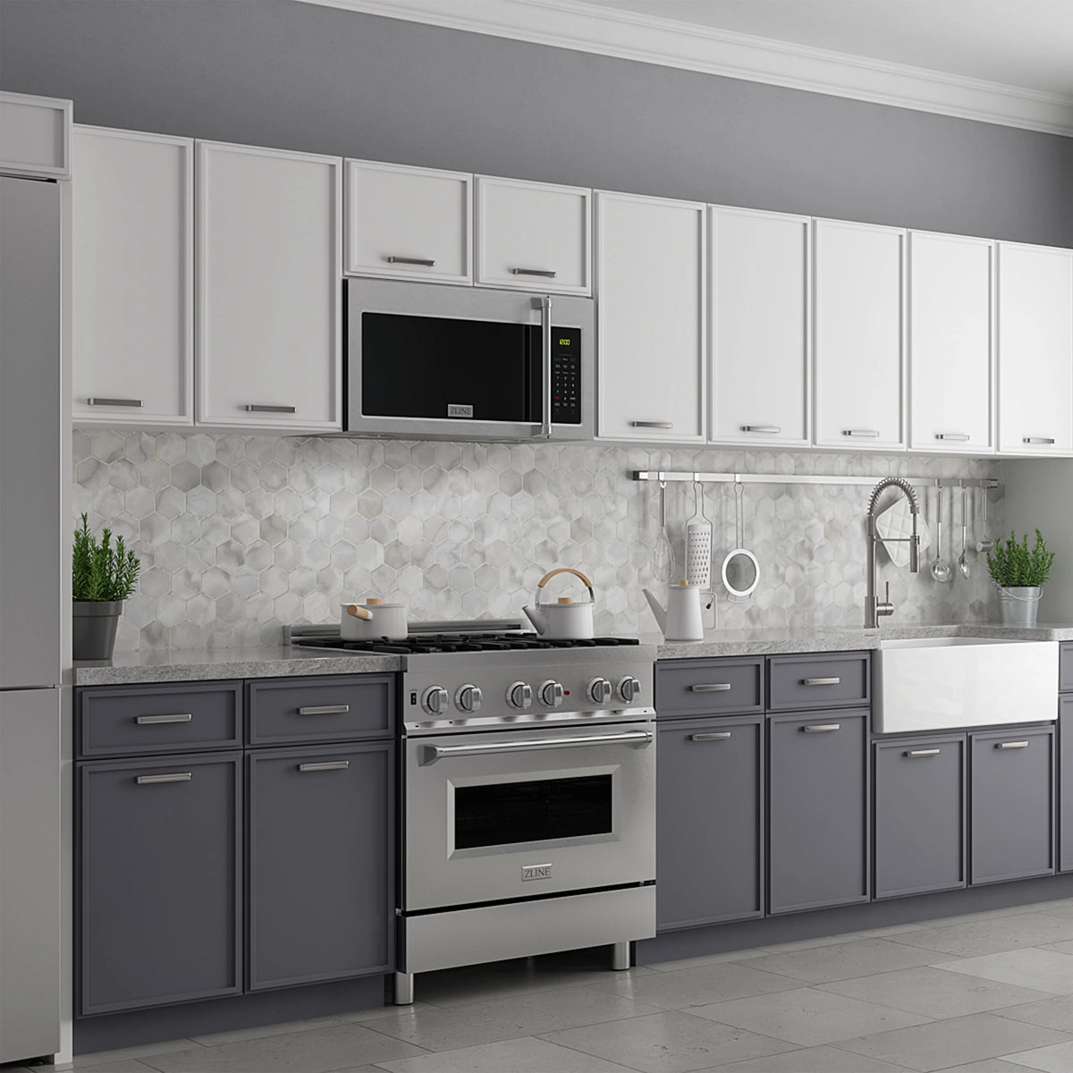 Stainless over-the-range microwave with dark glass door and vertical handle