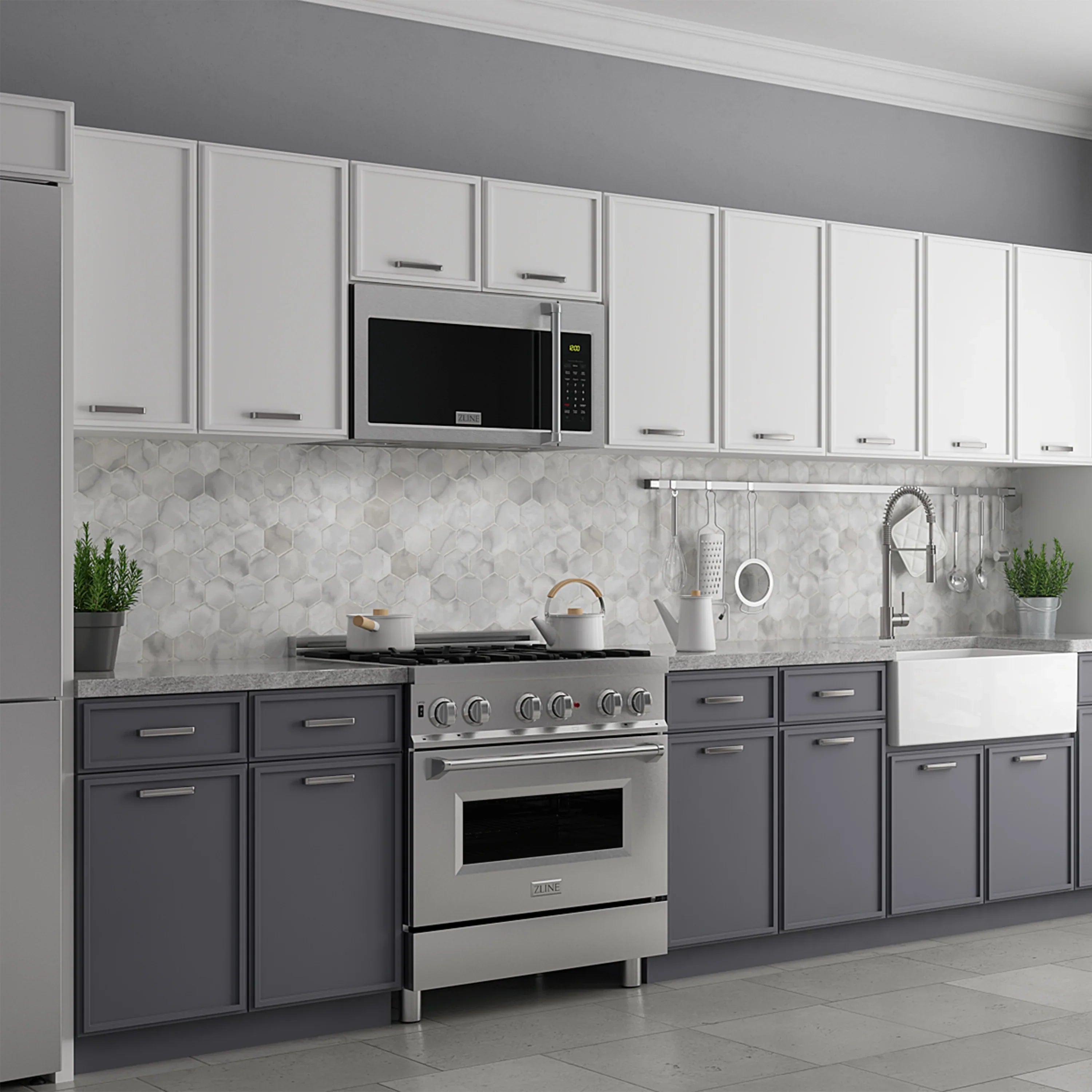 Stainless gas range with control knobs and oven door plus over-the-range microwave