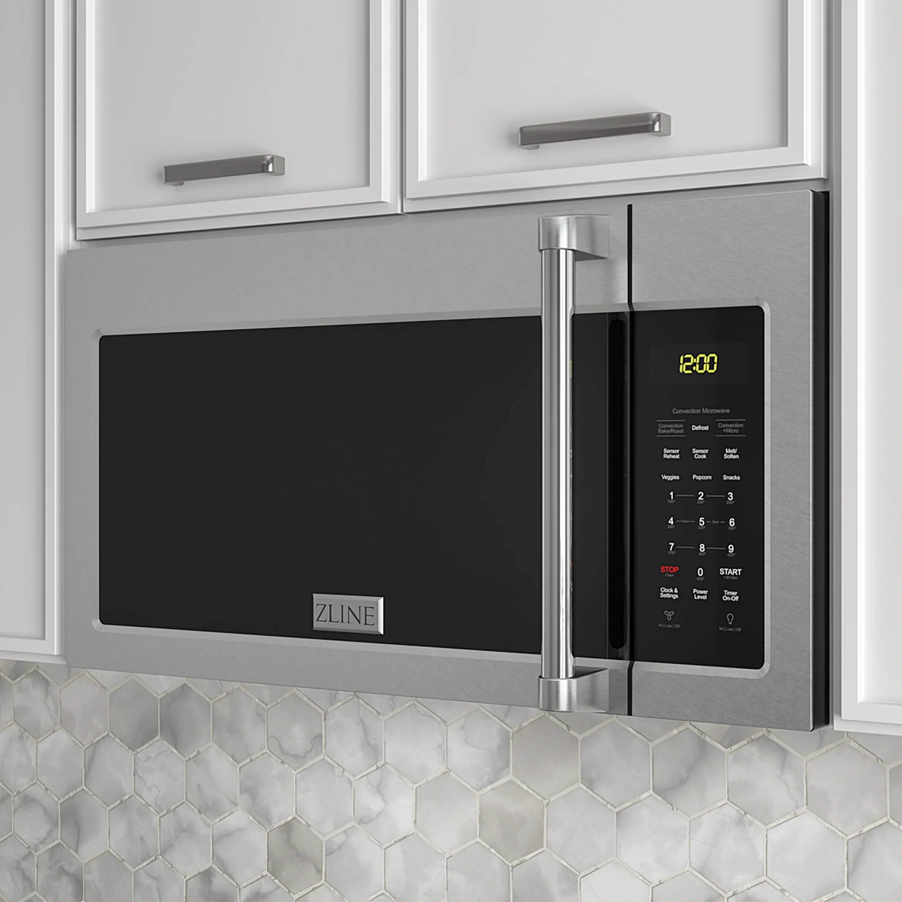 Over-the-range microwave with satin stainless trim, black door, and keypad display