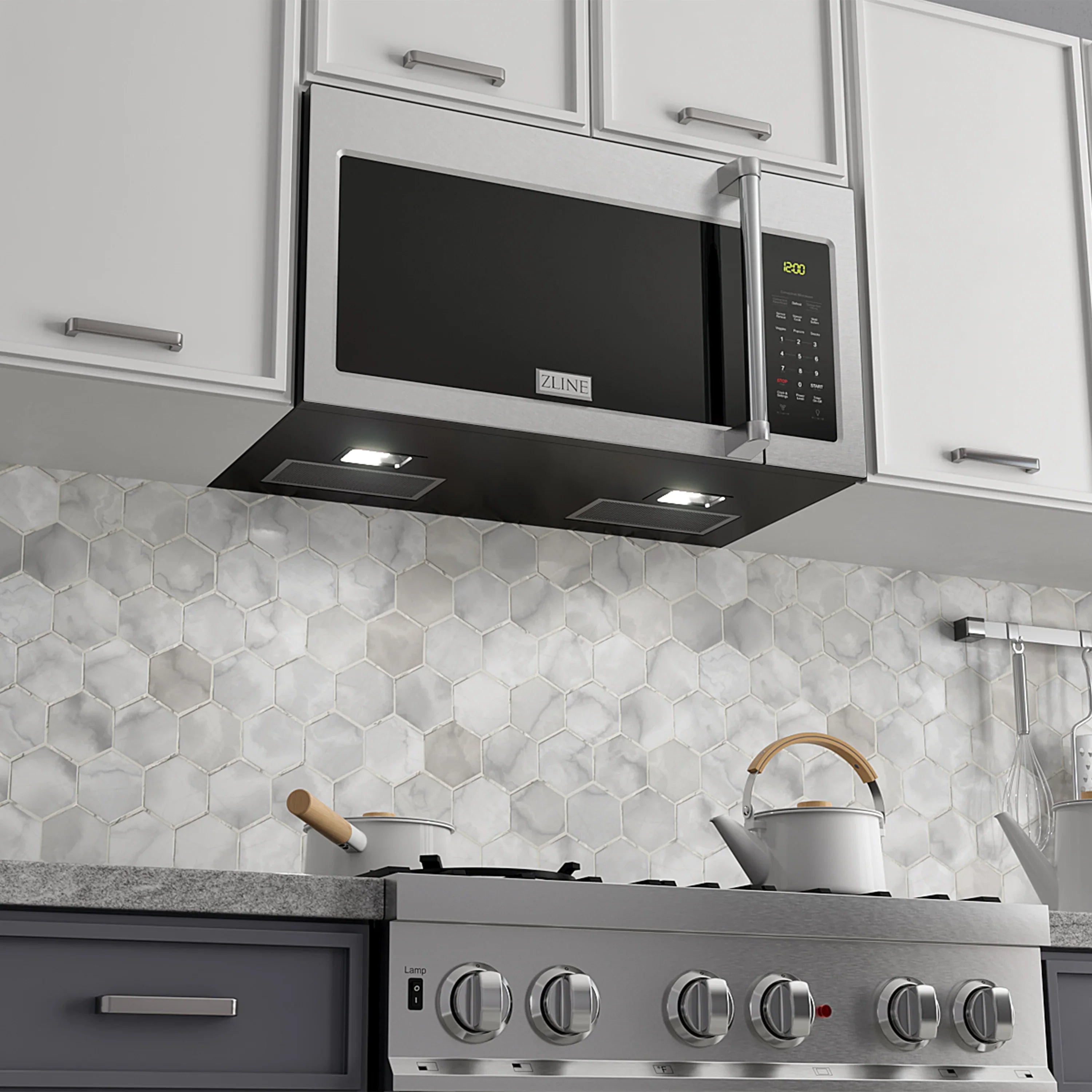 ZLINE over-the-range microwave and matching cooktop with satin stainless steel control knobs