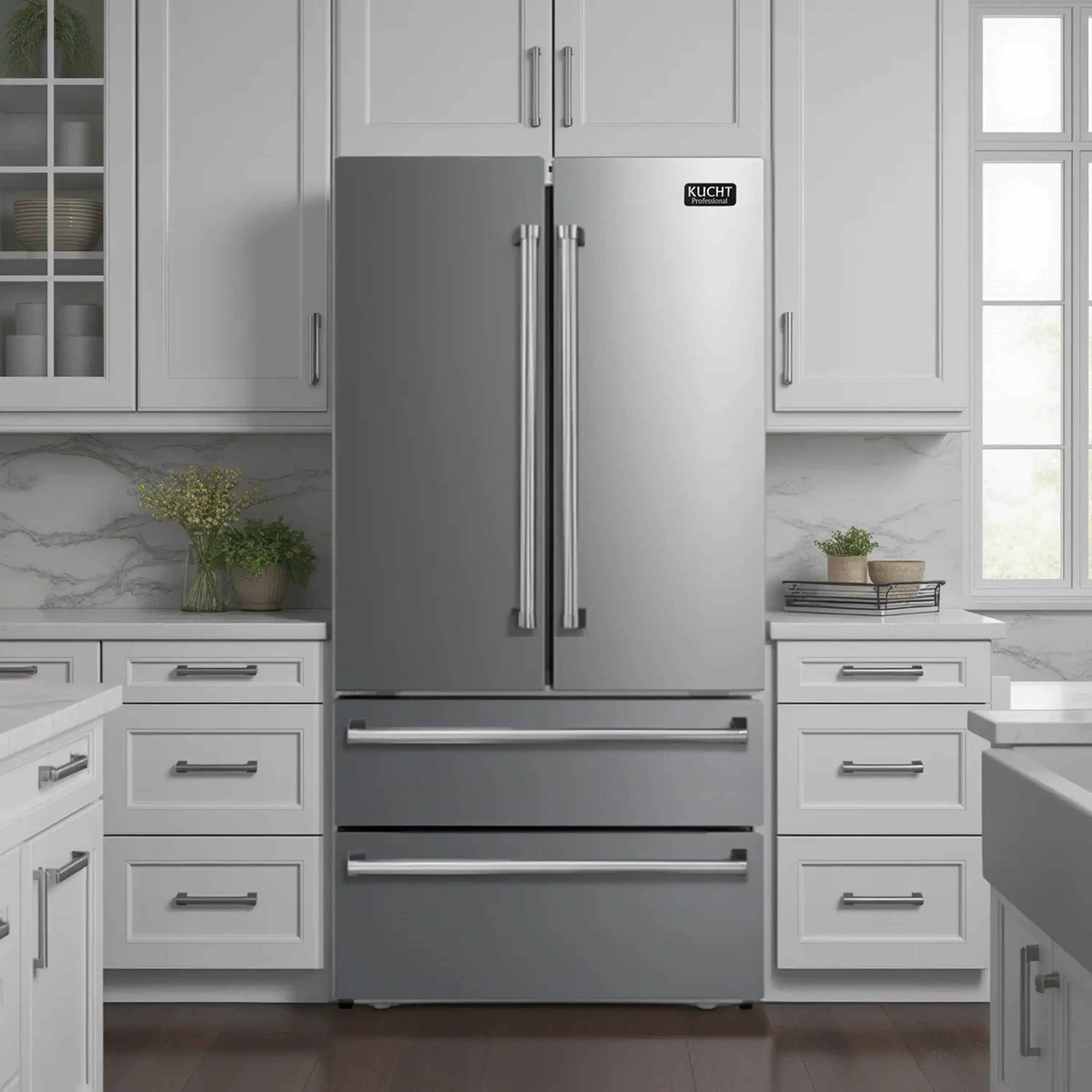 Stainless steel refrigerator beside a white propane range in a built-in kitchen