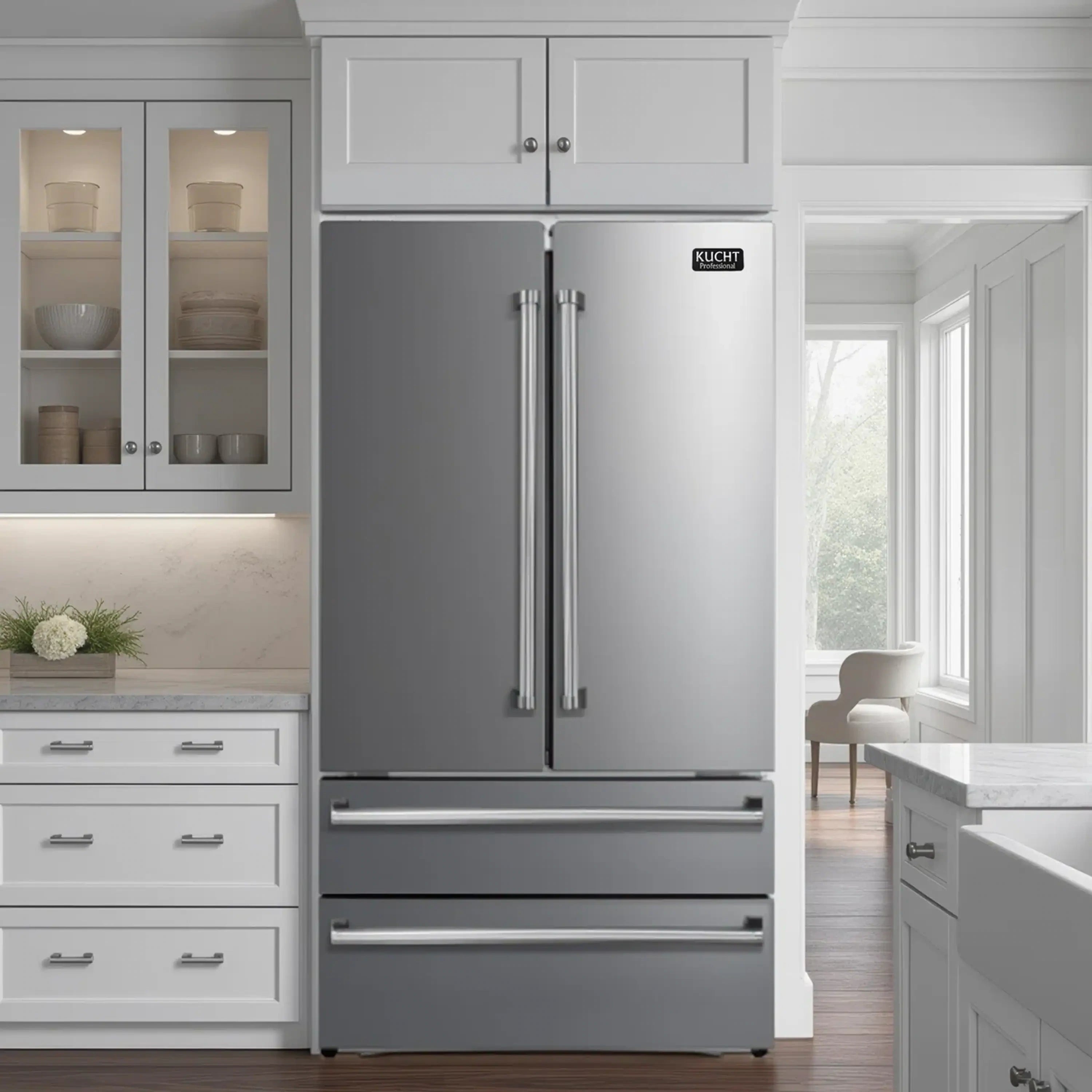 Stainless steel French door refrigerator with ice maker, vertical door handles and freezer drawers