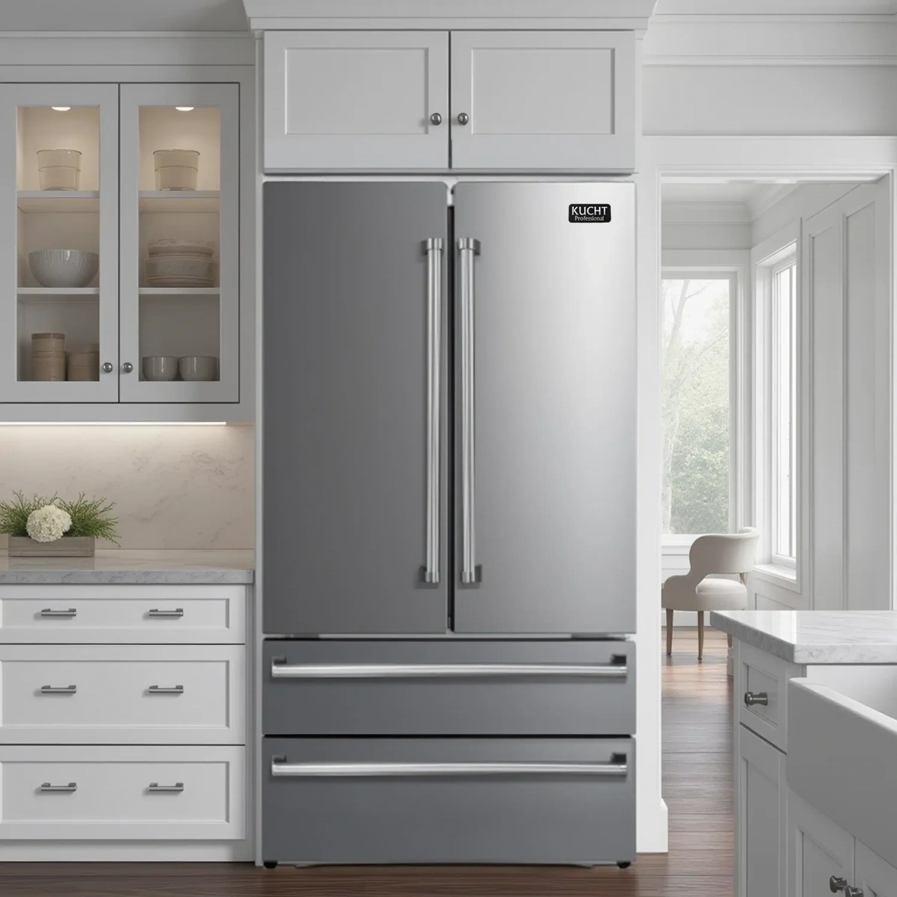 Stainless steel refrigerator with built-in double-drawer range below in a kitchen