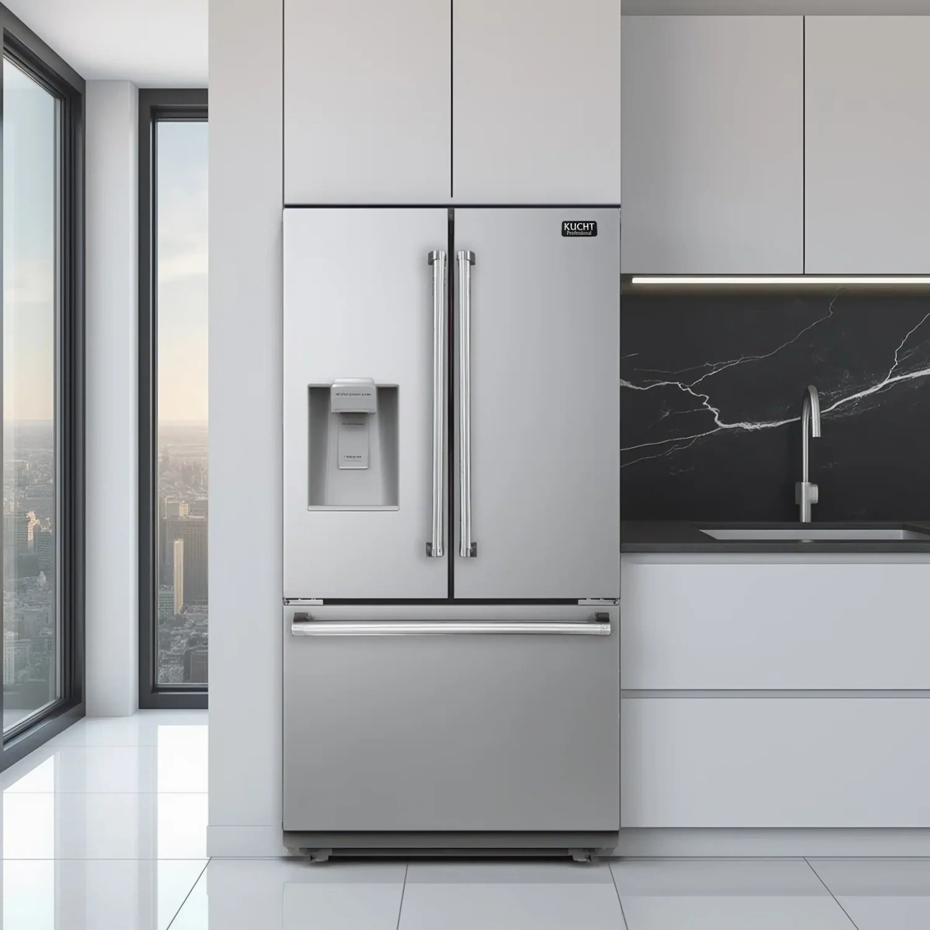 Stainless steel refrigerator with water dispenser and lower drawer door