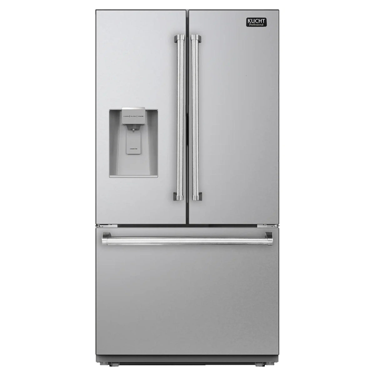 Stainless steel refrigerator with double doors, water dispenser, and Kucht handles