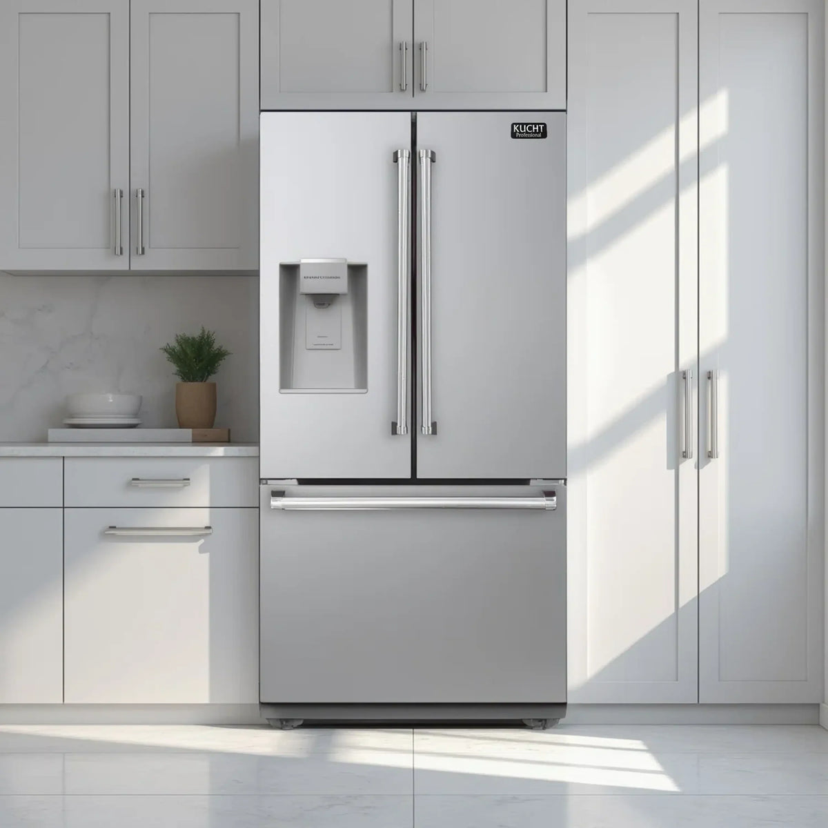 Stainless steel refrigerator with water dispenser and freezer drawer handle