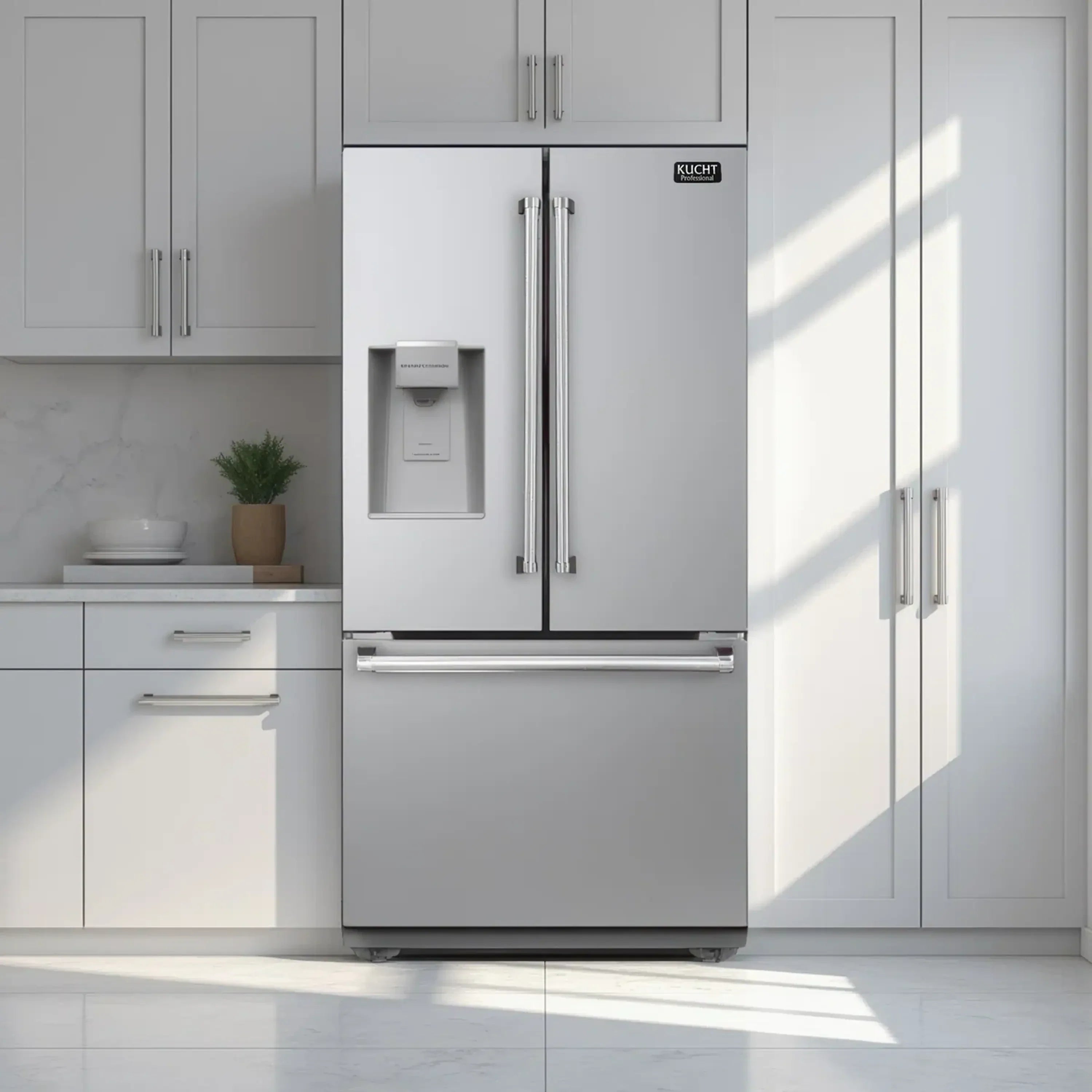 Stainless steel refrigerator in kitchen with water dispenser and double handles