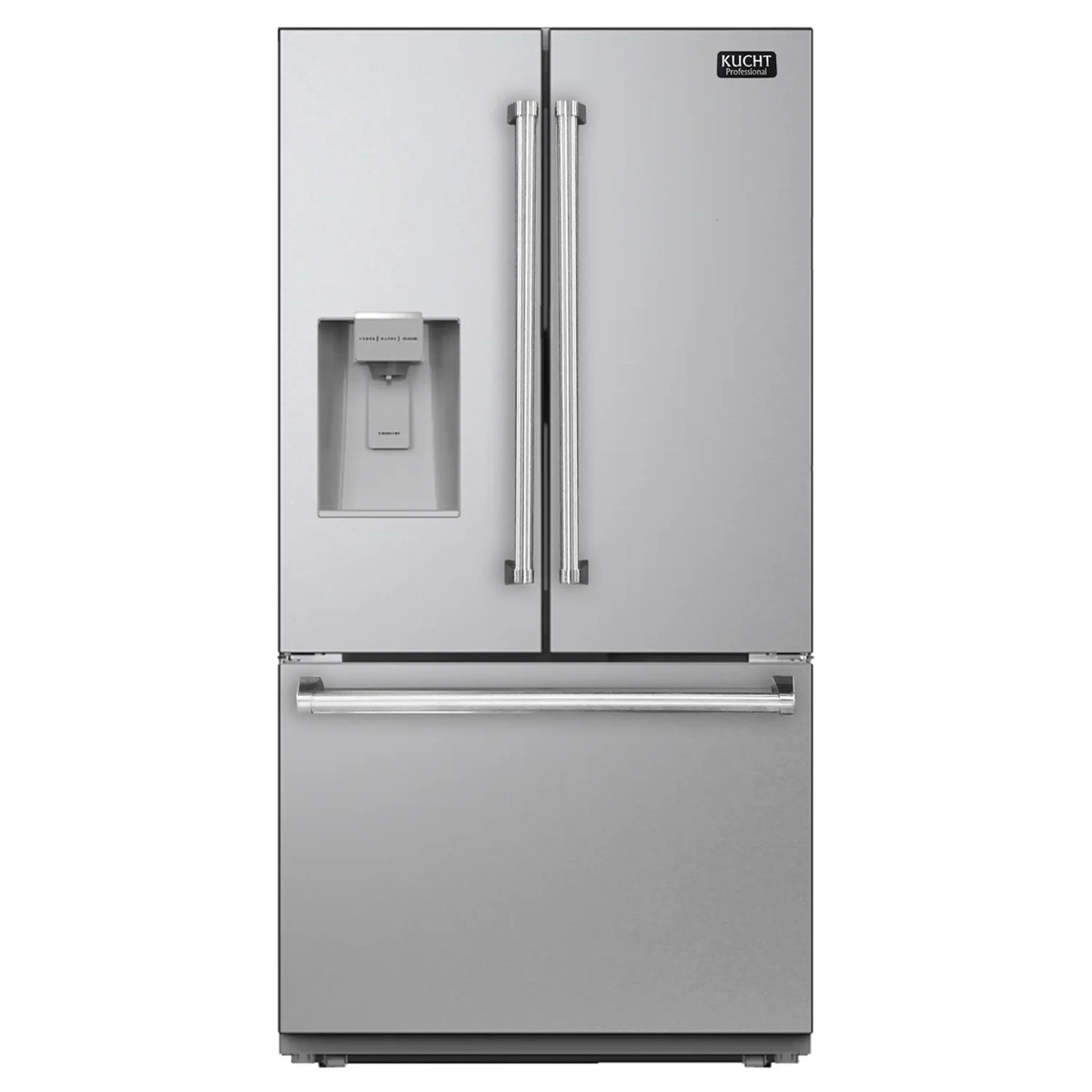Stainless steel refrigerator with side-by-side doors and water dispenser