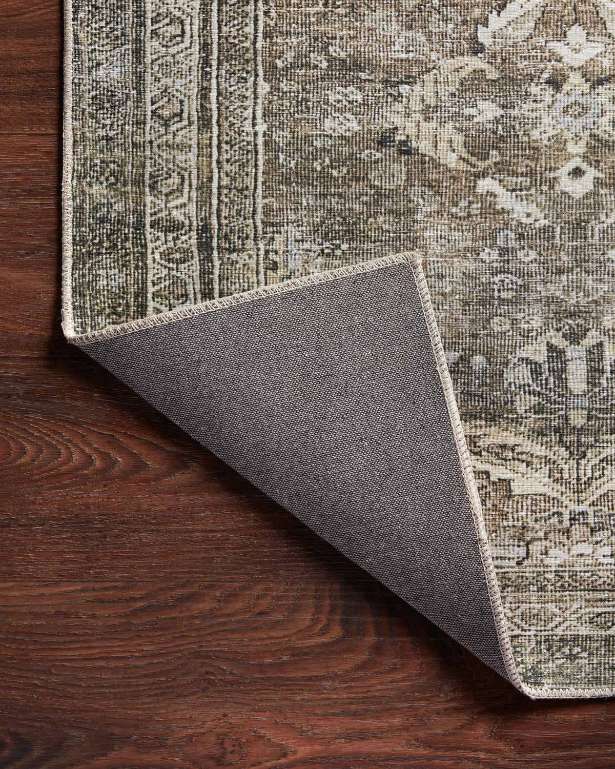 Traditional area rug with distressed geometric pattern, antique gray and moss green
