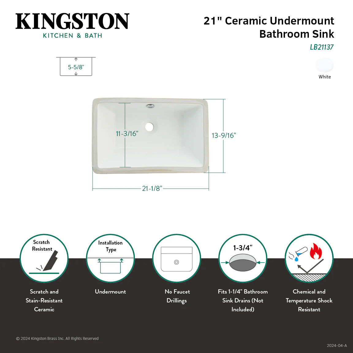 White rectangular undermount bathroom sink diagram with cutout, drain hole, and overflow