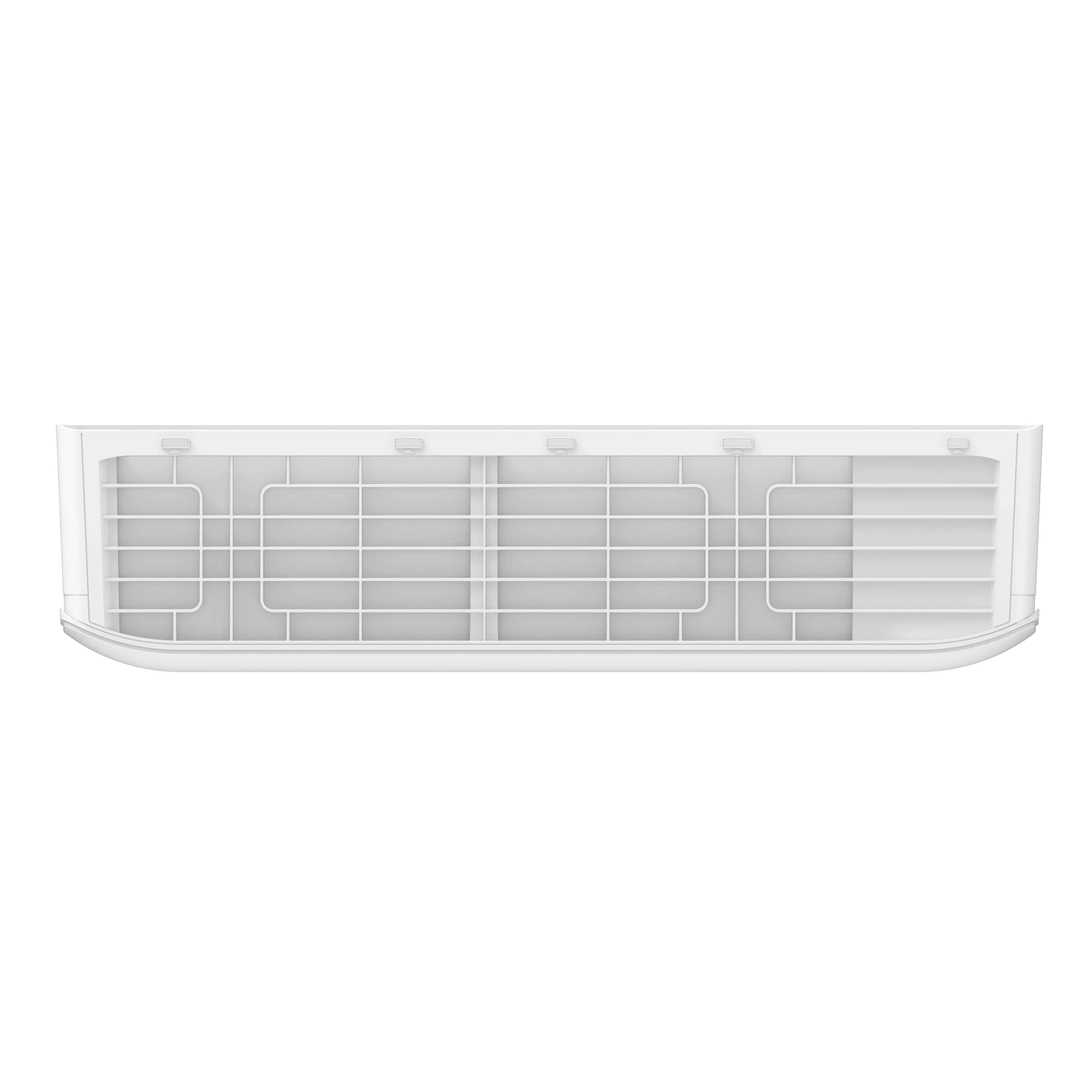 Wall-mounted mini split air handler, white front panel removed to show internal fins