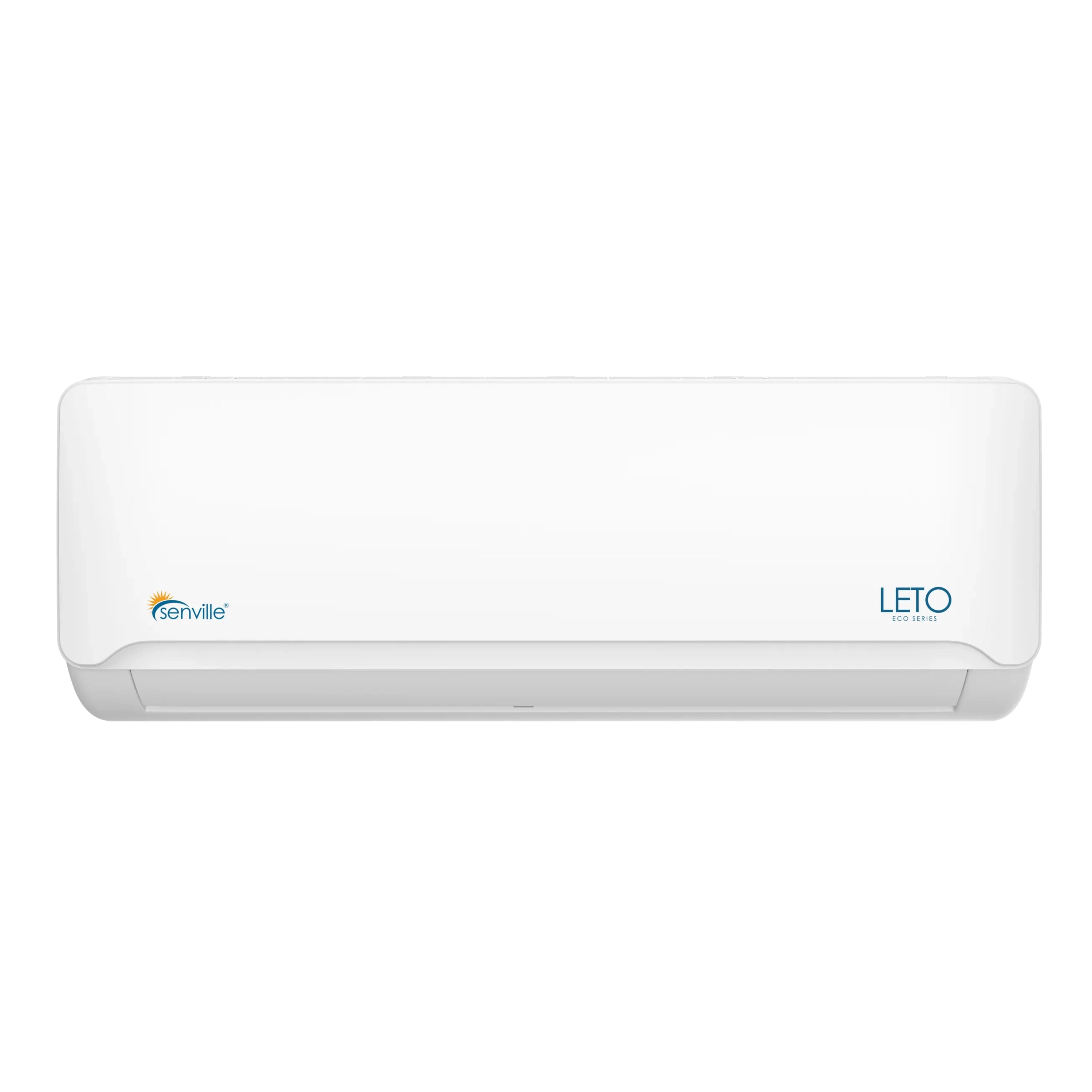 Wall-mounted mini split air handler, white indoor unit with LETO badge and Senville logo