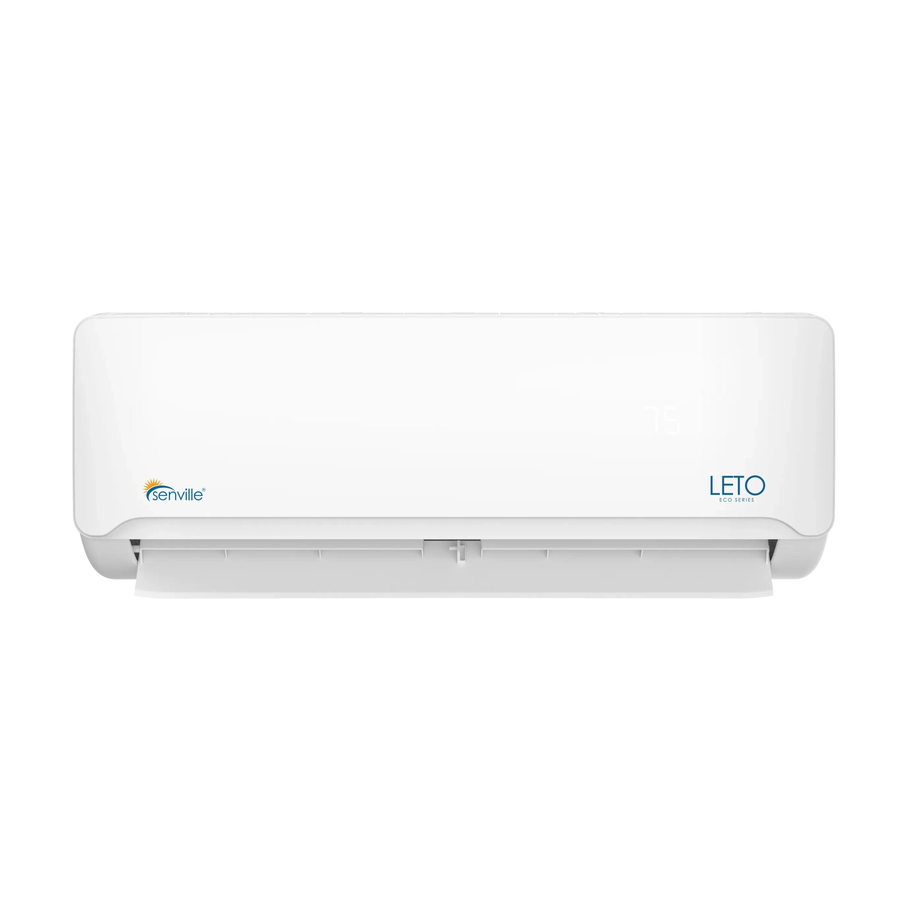 Wall-mounted mini split air handler, white unit with front intake vents and airflow flap