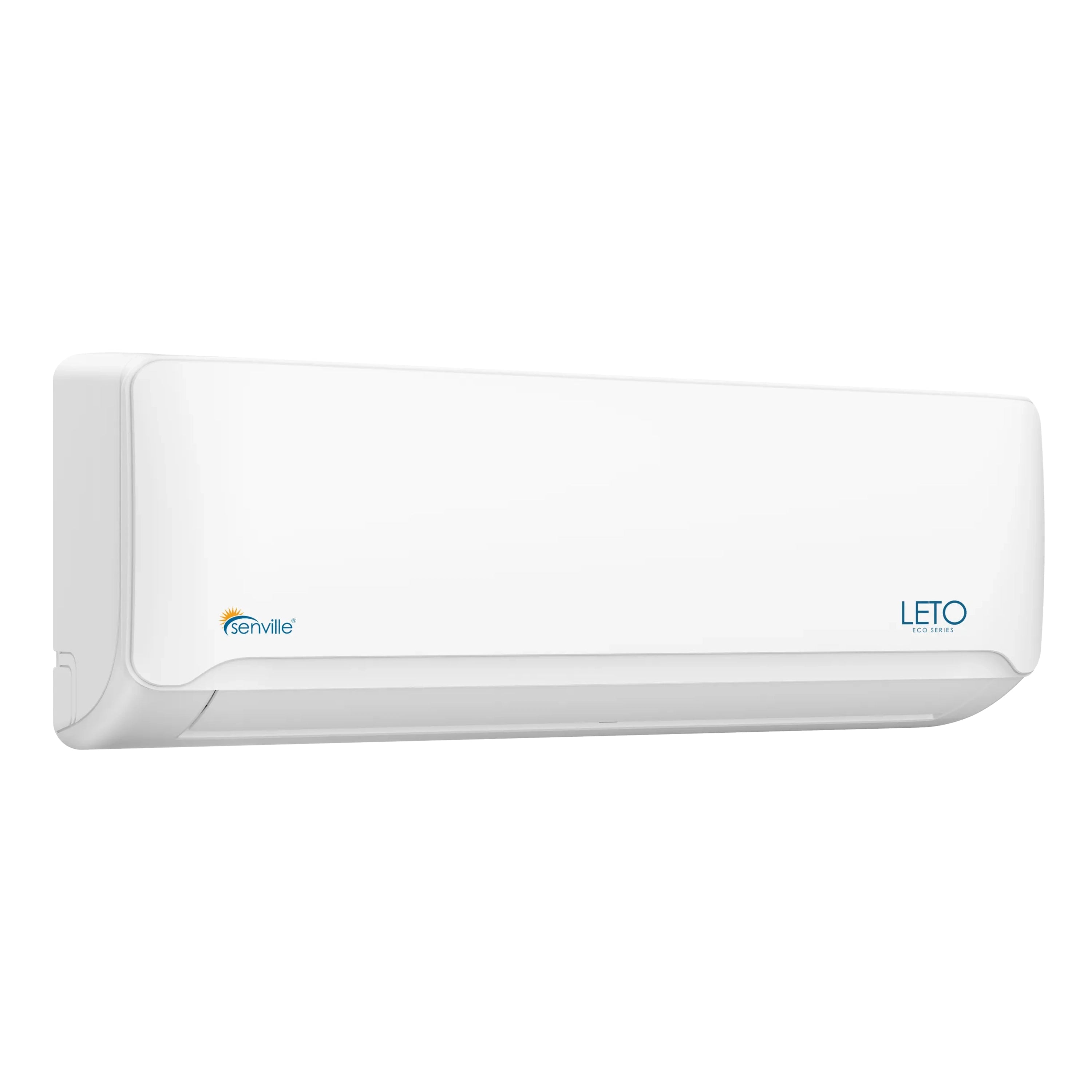 White Senville LETO wall-mounted mini split air handler, side view with front grille