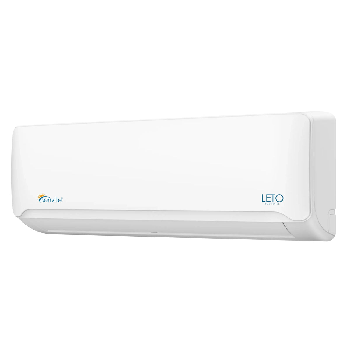 White wall-mounted Senville ductless mini split indoor unit with front display panel