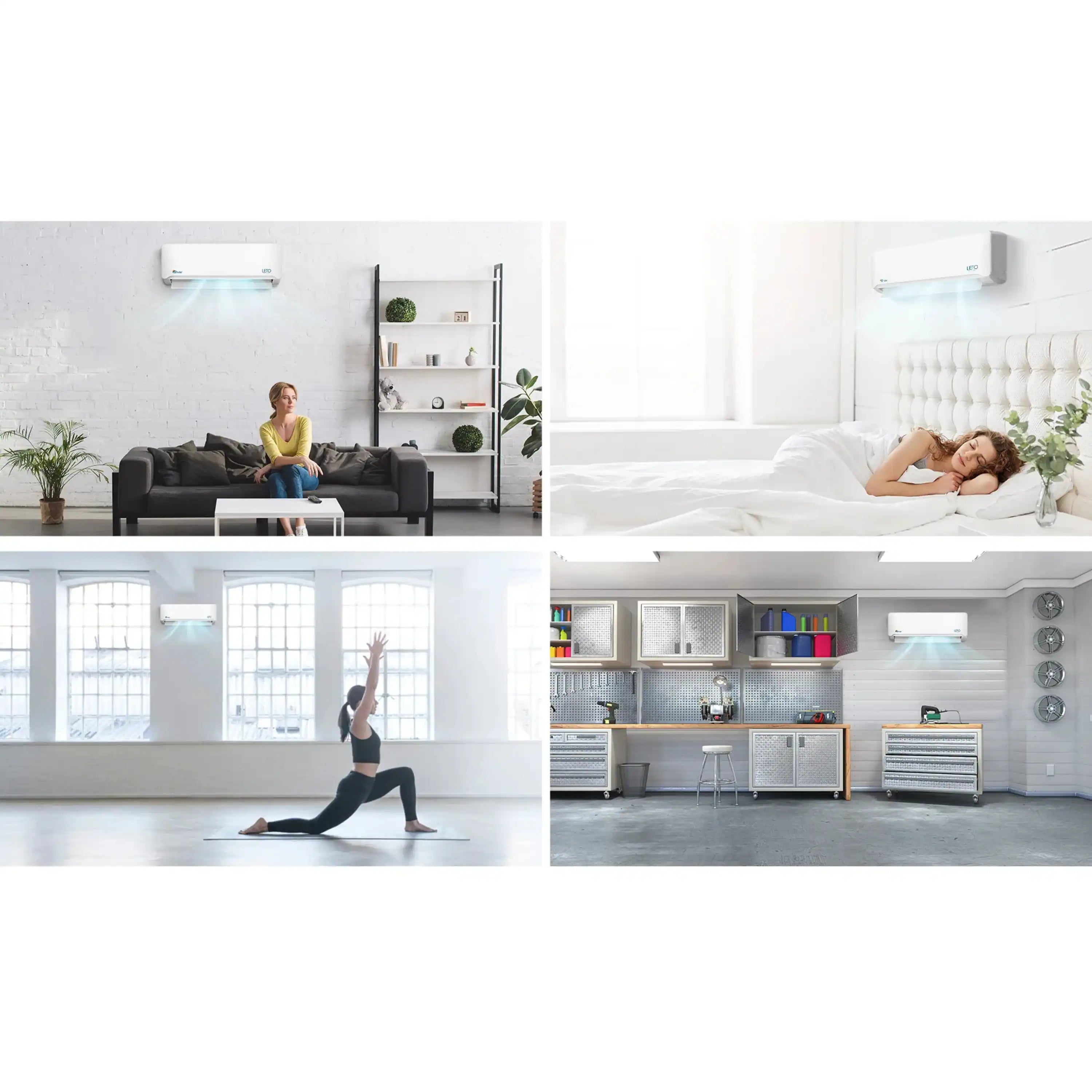 Wall-mounted mini split air handlers, white indoor units with cool-air indication light