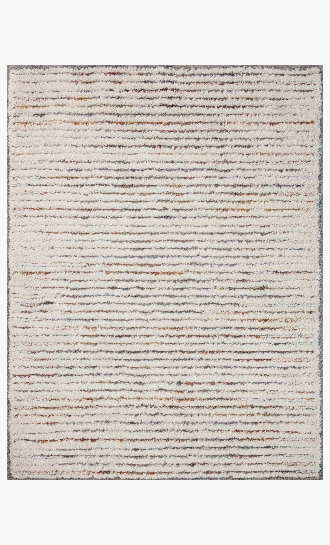 Ivory shag runner rug with thin horizontal stripes in beige and gray texture