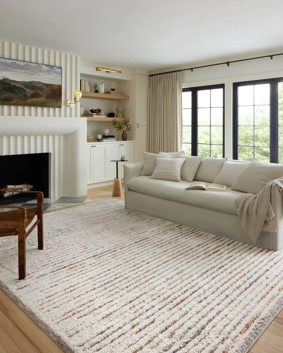 Ivory shag area rug in a living room with thick low pile