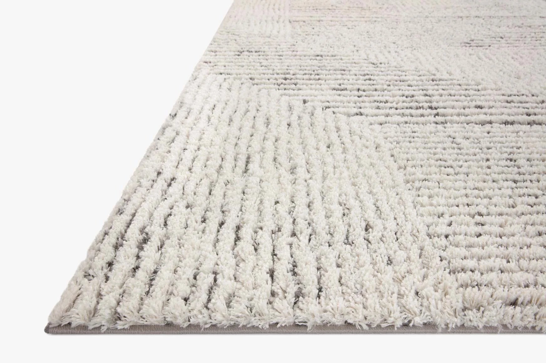 Ivory and grey shag area rug with dense loop pile and subtle stripe pattern