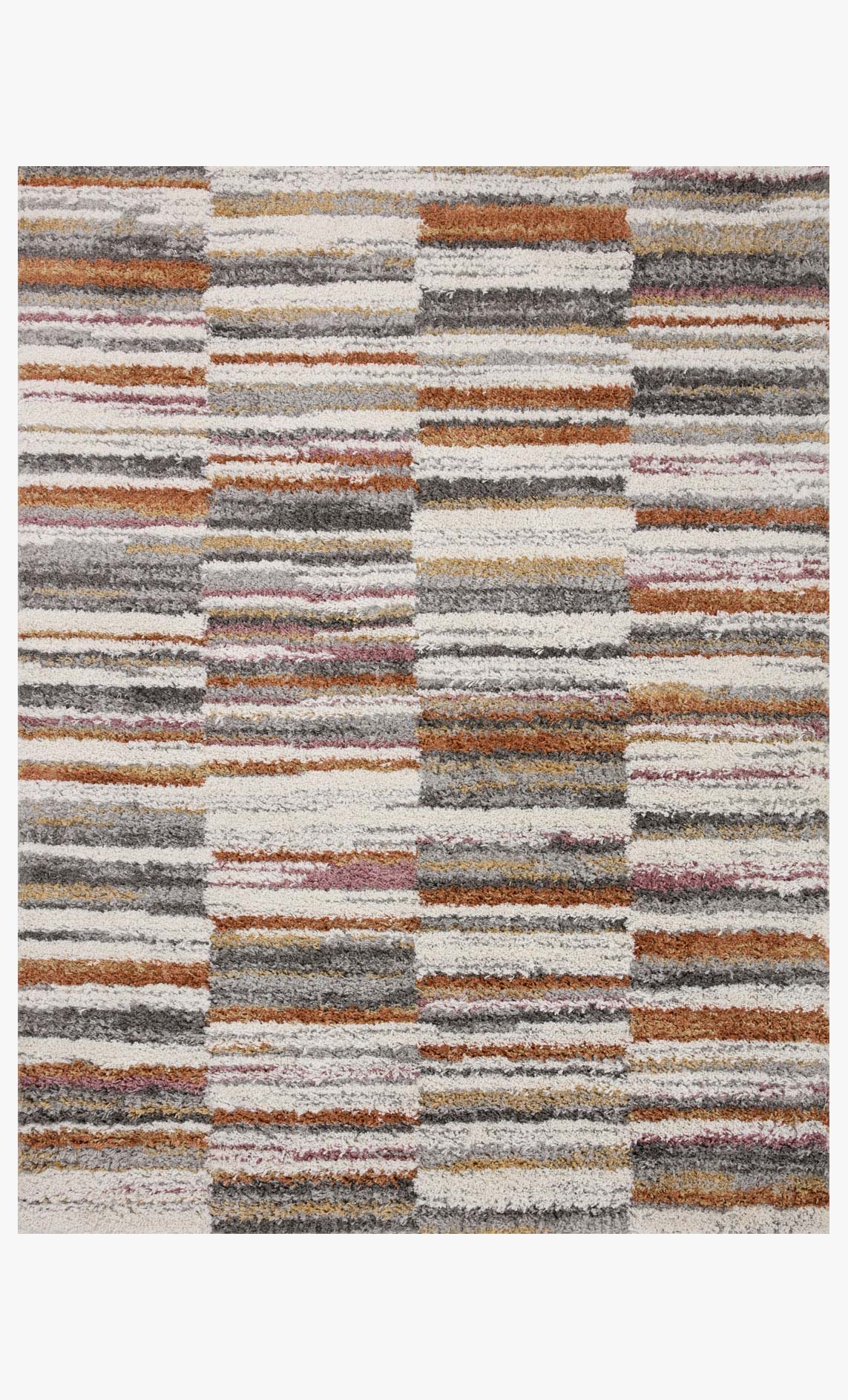 Square rug with shag multi-stripe pattern on an ivory background in warm and cool tones