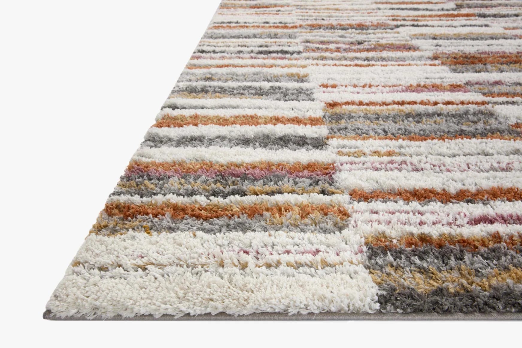 Shag accent rug with multicolor horizontal stripe bands in ivory, gray, orange, and pink