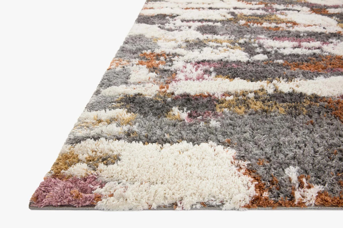 Grey shag accent rug with cream, orange and pink distressed pattern, 4x6 ft.