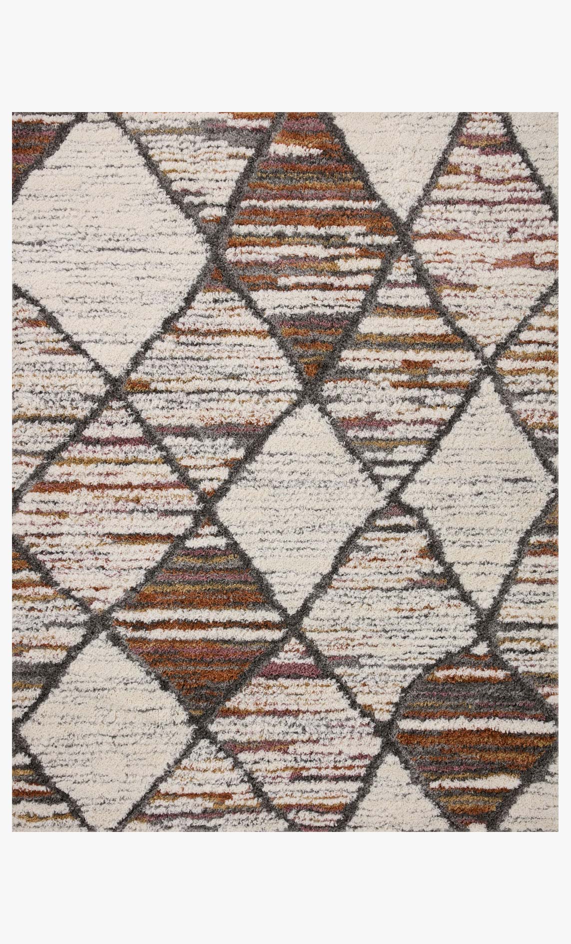 Shag area rug featuring ivory and gray geometric diamonds with burnt orange stripes