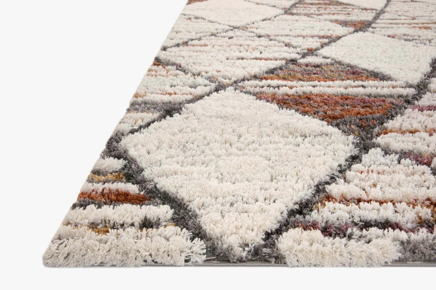Ivory shag area rug with geometric diamond pattern in gray and burnt orange stripes