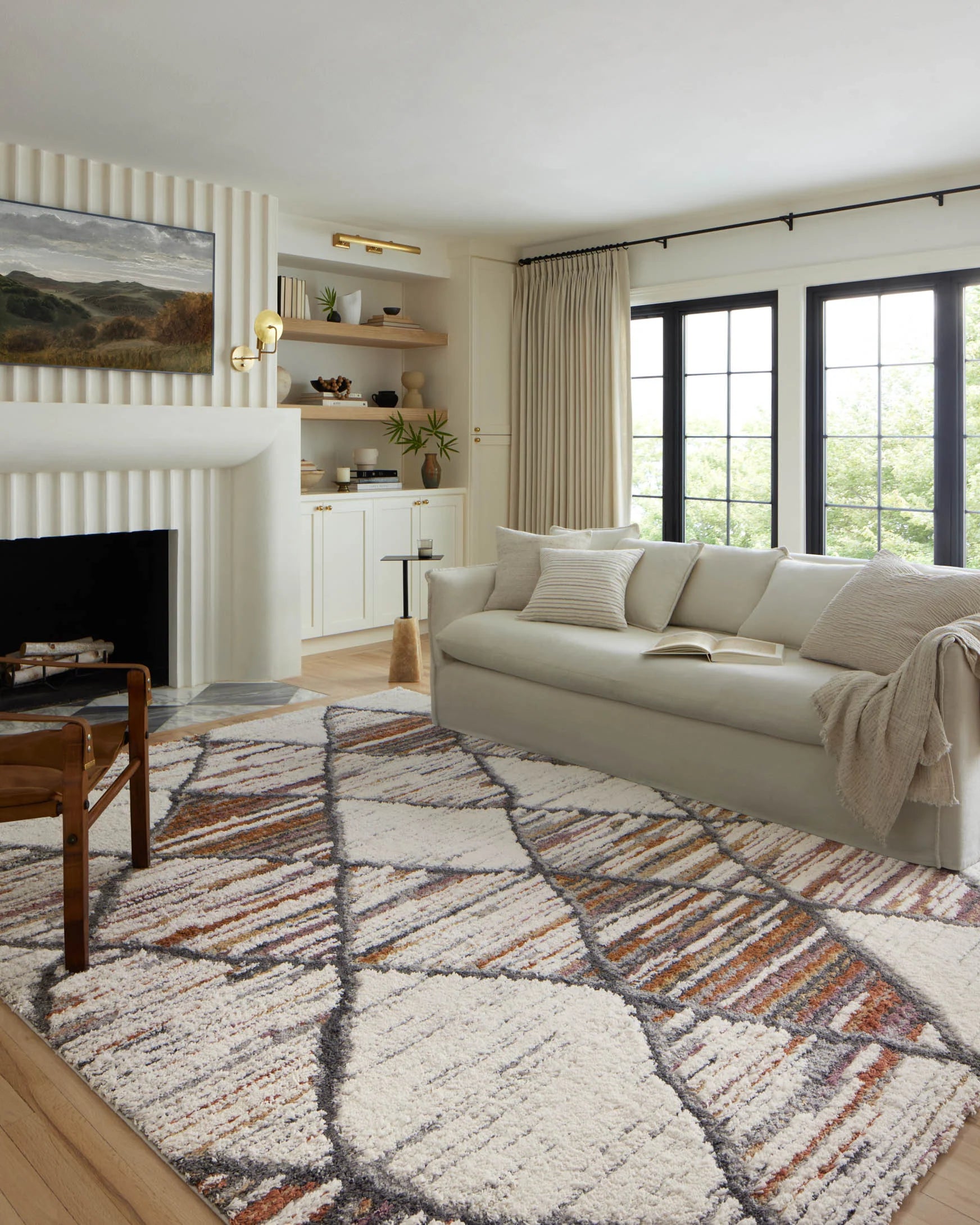Geometric patterned shag runner rug in ivory, gray, and warm orange