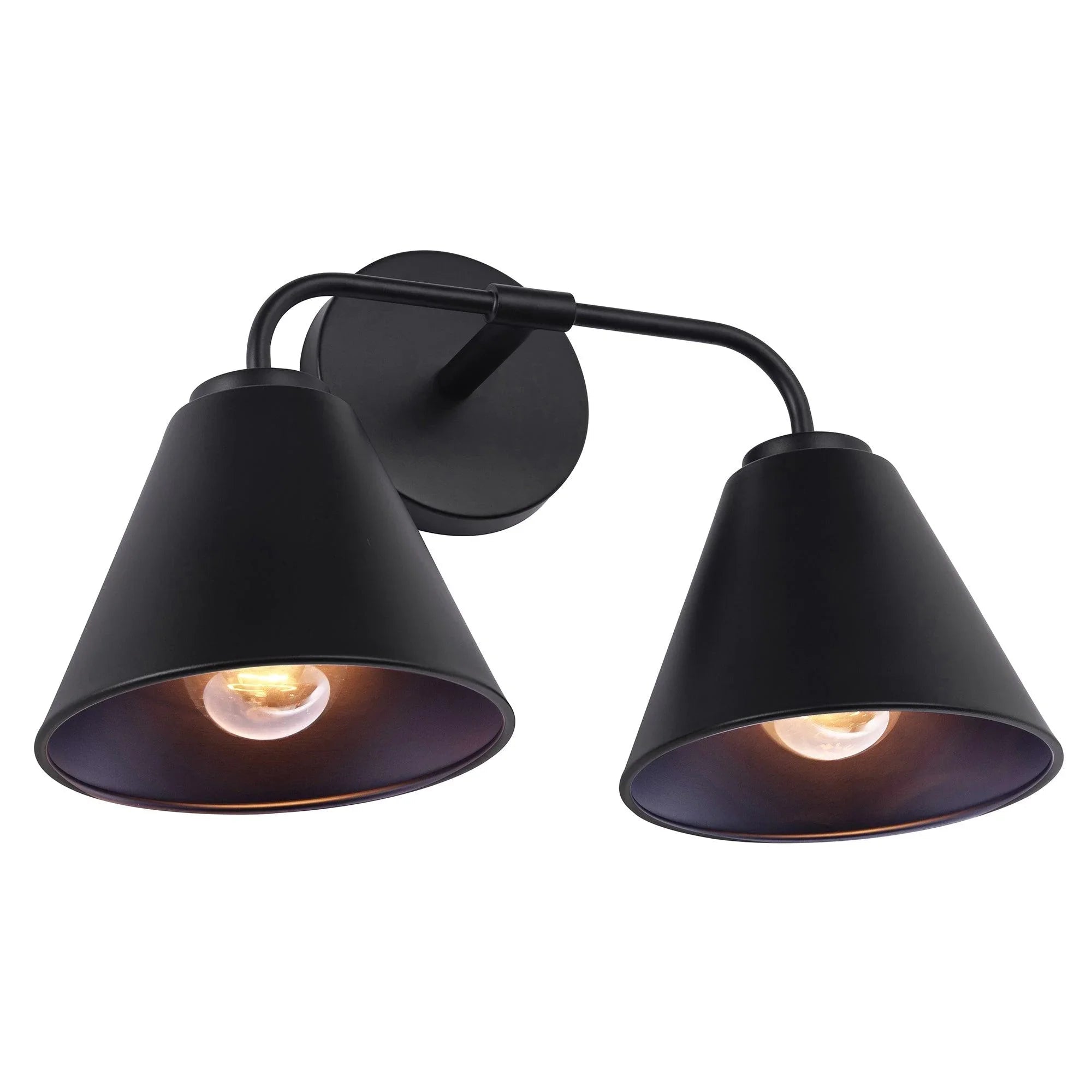 Modern black 2-light vanity wall sconce with two cone shades, open bottom, curved bar with bulbs