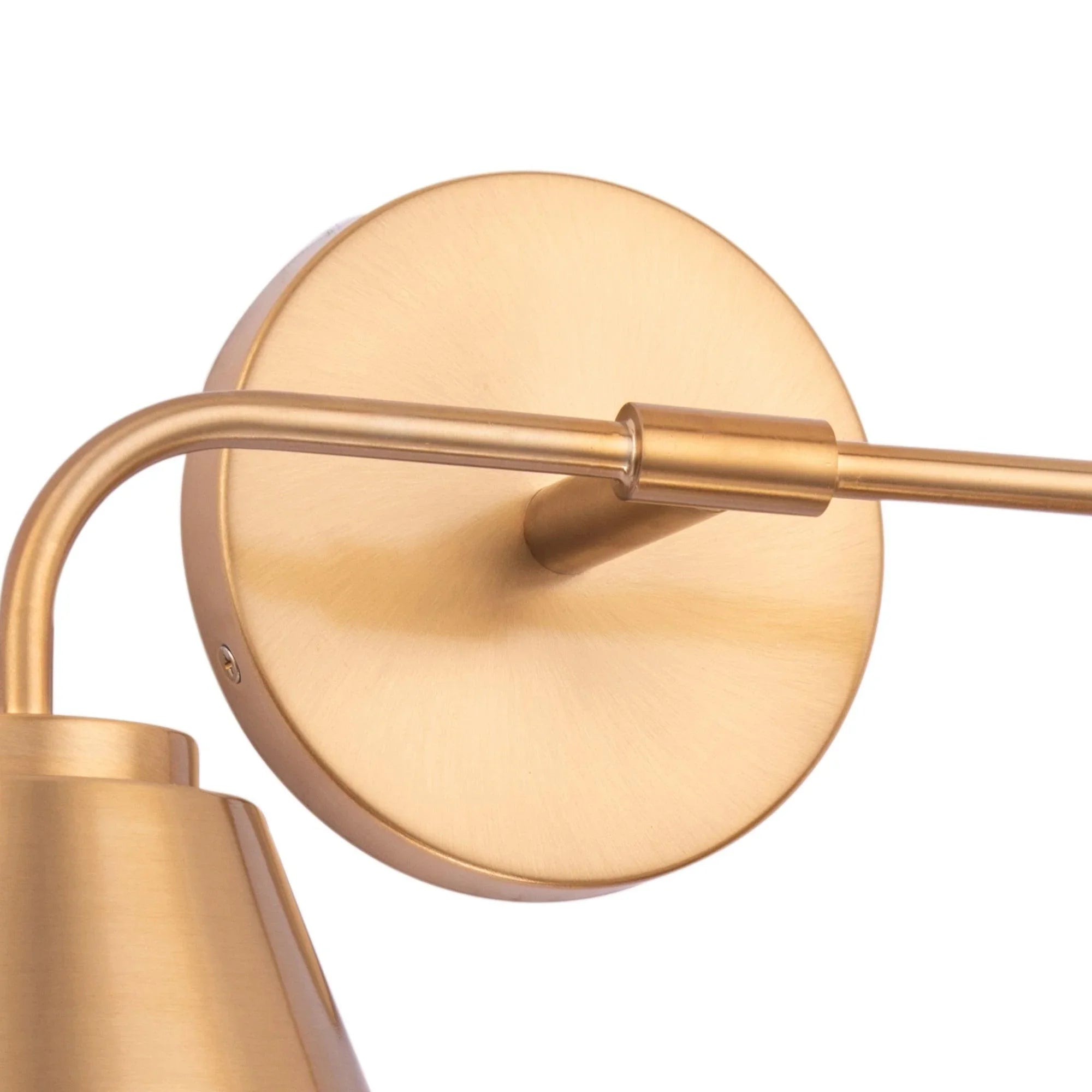Golden modern 2-light vanity light with round backplate and curved metal arms