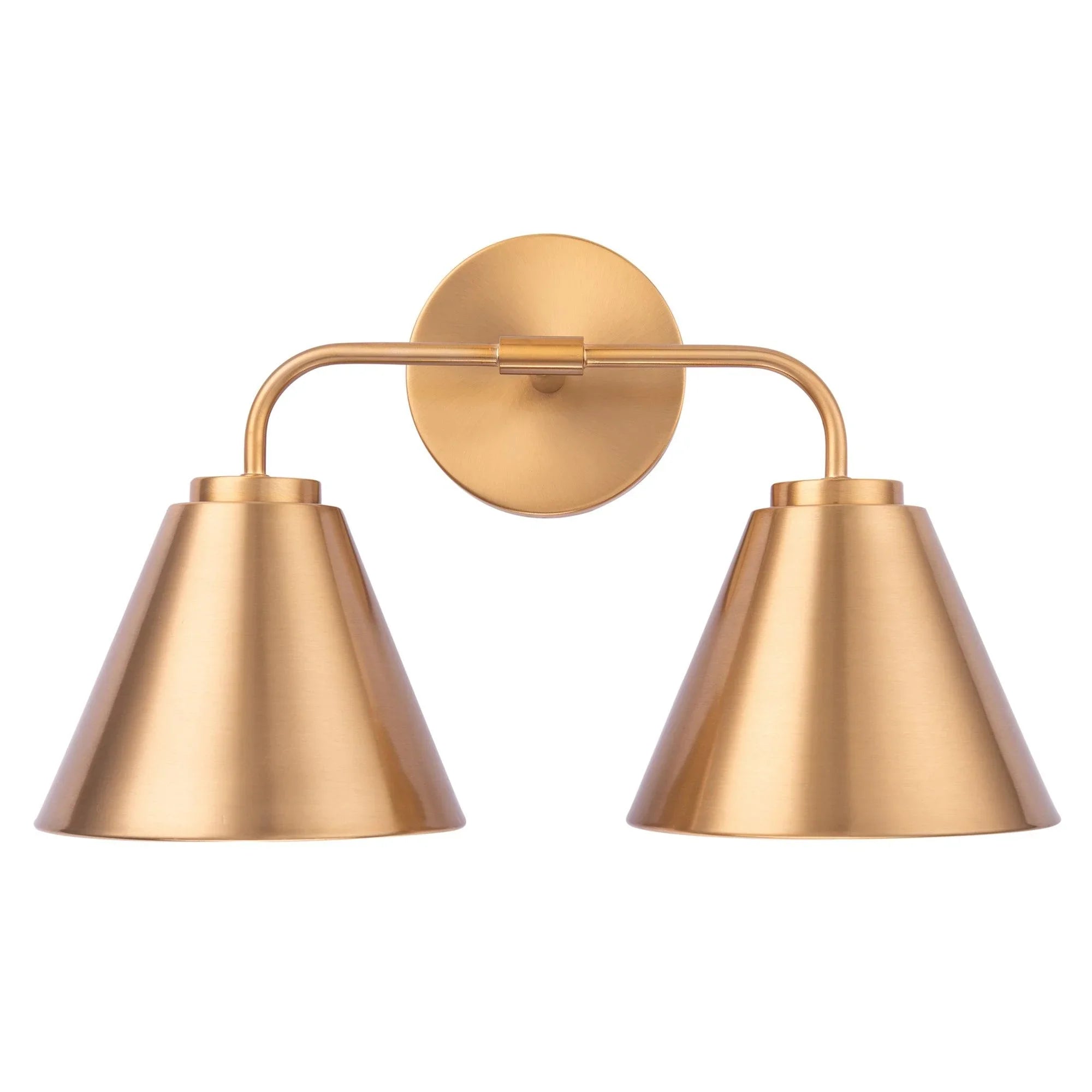 Golden modern 2-light vanity light with two conical shades and centered round backplate