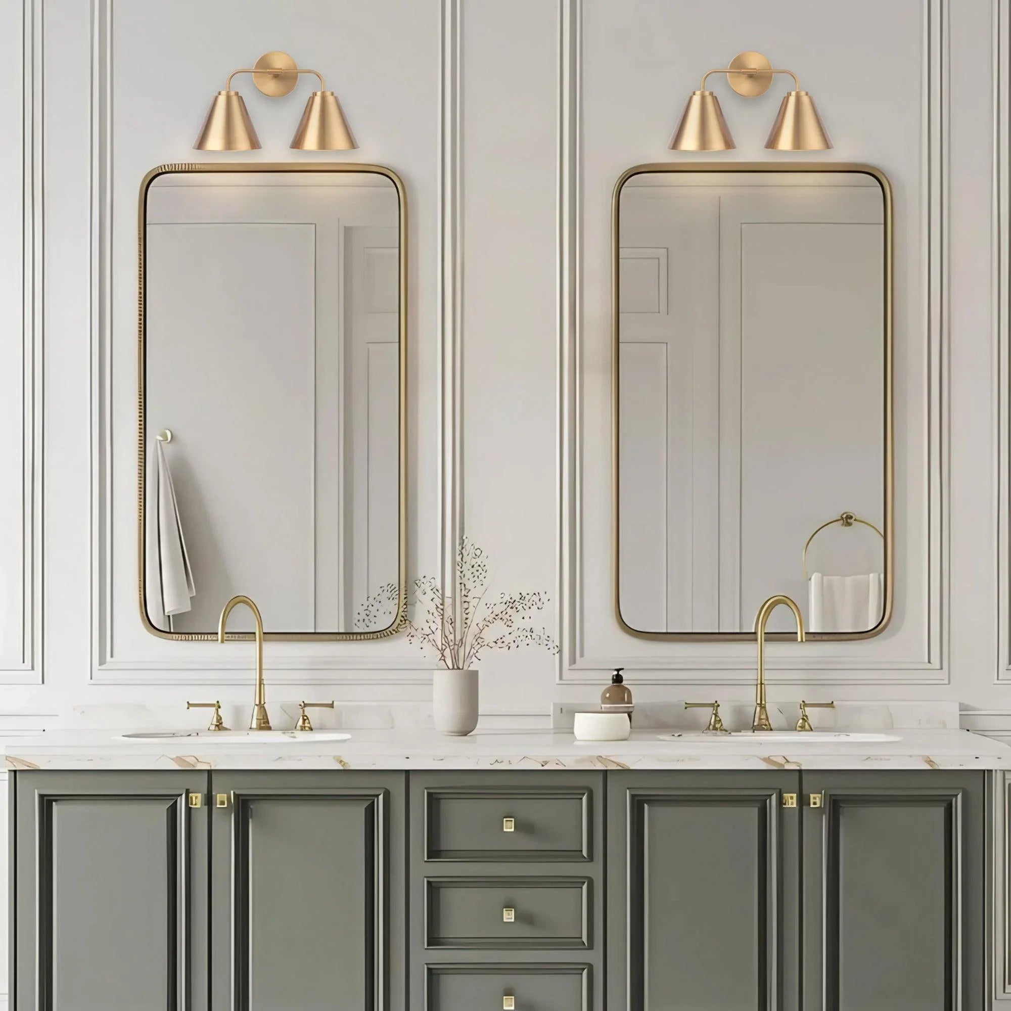 Golden modern 2-light vanity light with twin conical shades above bathroom mirrors