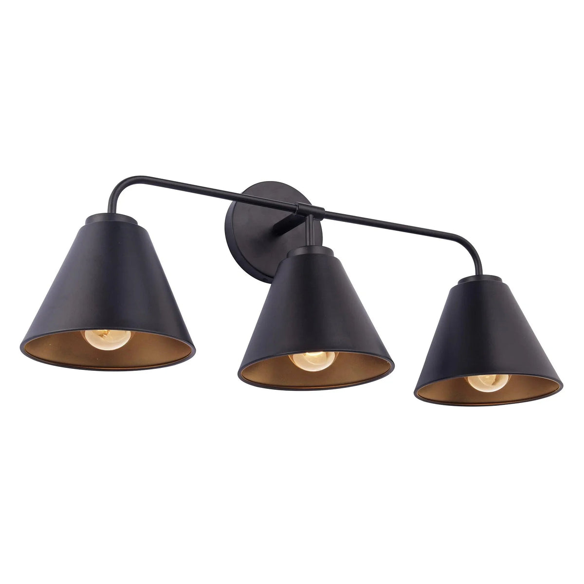 Black 3-light vanity light with three bell shades on horizontal bar, wall mount