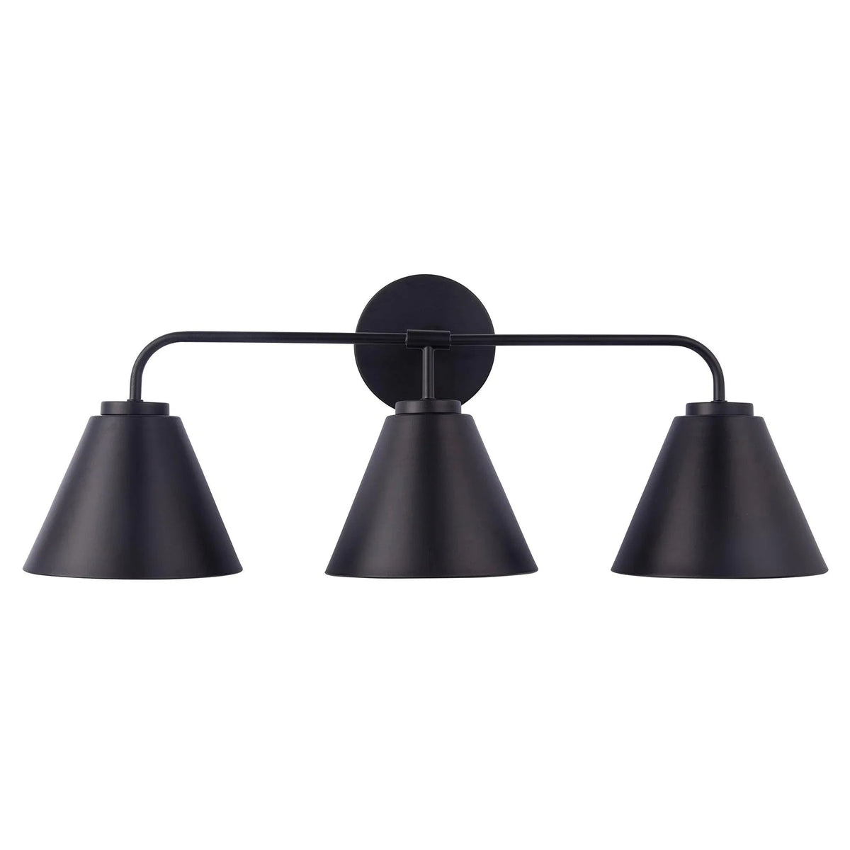 Black 3-light vanity light with three cone shades on horizontal bar, round mounting plate