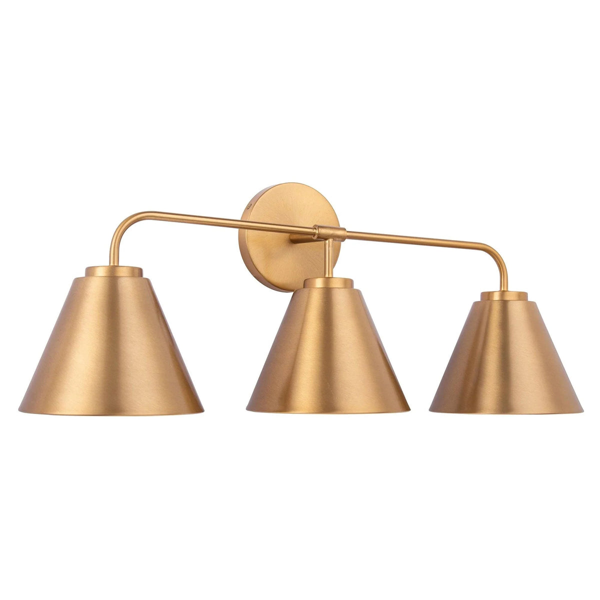 Gold 3-light vanity light with three bell shades and circular backplate on bar