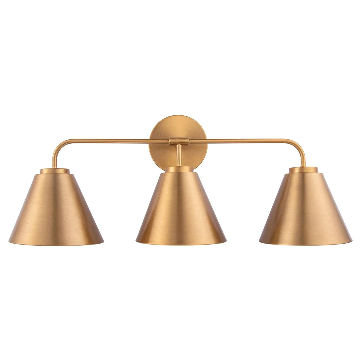 Golden 3-light vanity light with three cone shades, curved metal arms, round wall plate