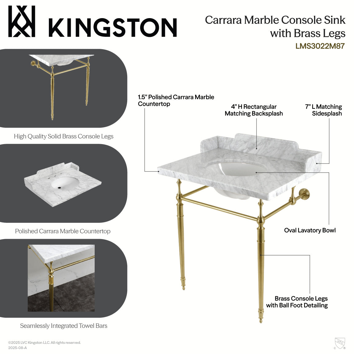 Habsburg 30" Carrara Marble Console Sink with Brass Legs (8-Inch, 3-Hole) in Carrara Marble White/Polished Nickel